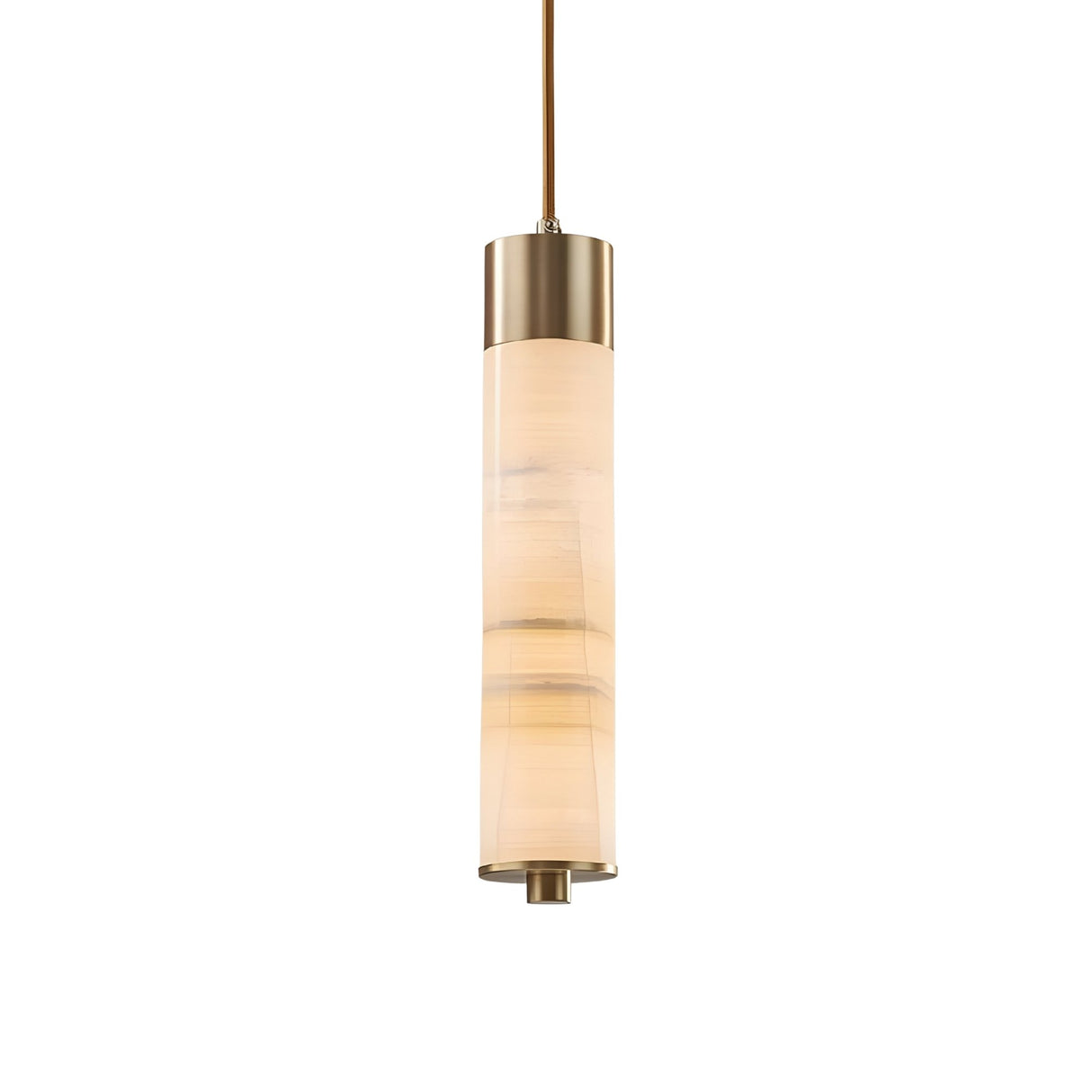 The Elviro LED Small Slim Tube Alabaster Single Pendant Light in soft white and brushed brass features a translucent alabaster shade for a warm glow, elegantly suspended by a slender rod.