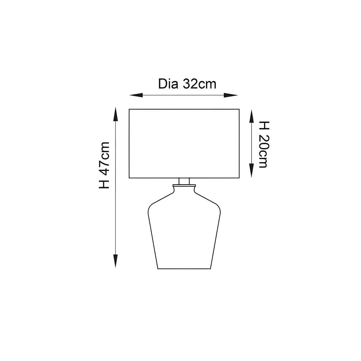 Dimension diagram of the Endon Danefield table lamp showing 47cm height, 32cm shade diameter and 20cm shade height on a white background.