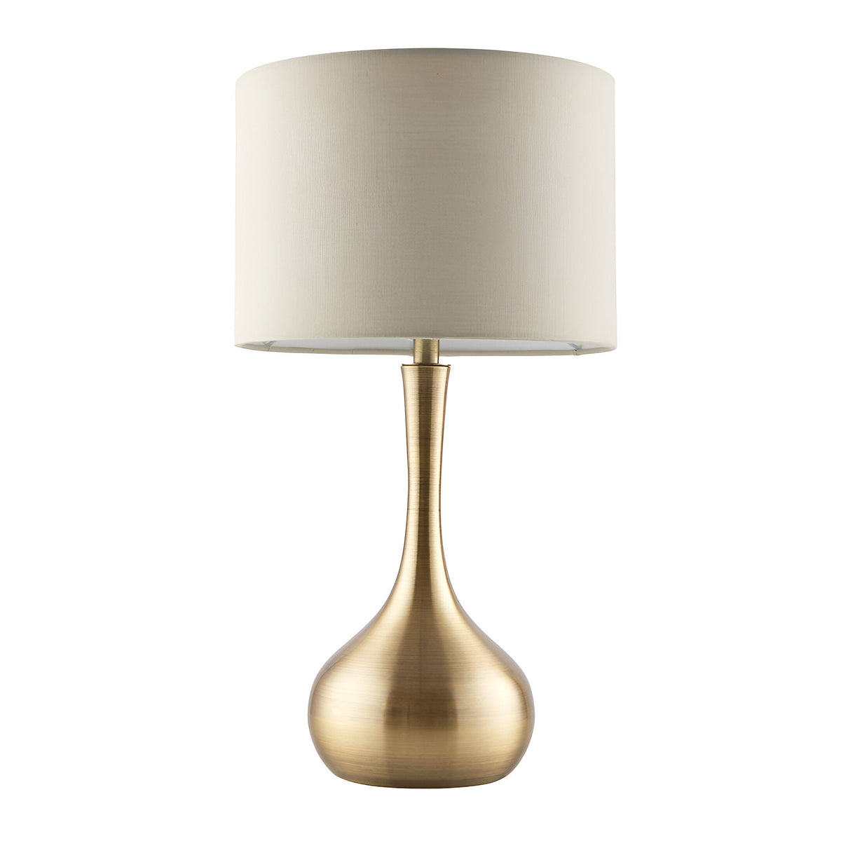Endon Chartbury LED table lamp with a brass teardrop base and beige drum shade, shown on a plain white background.