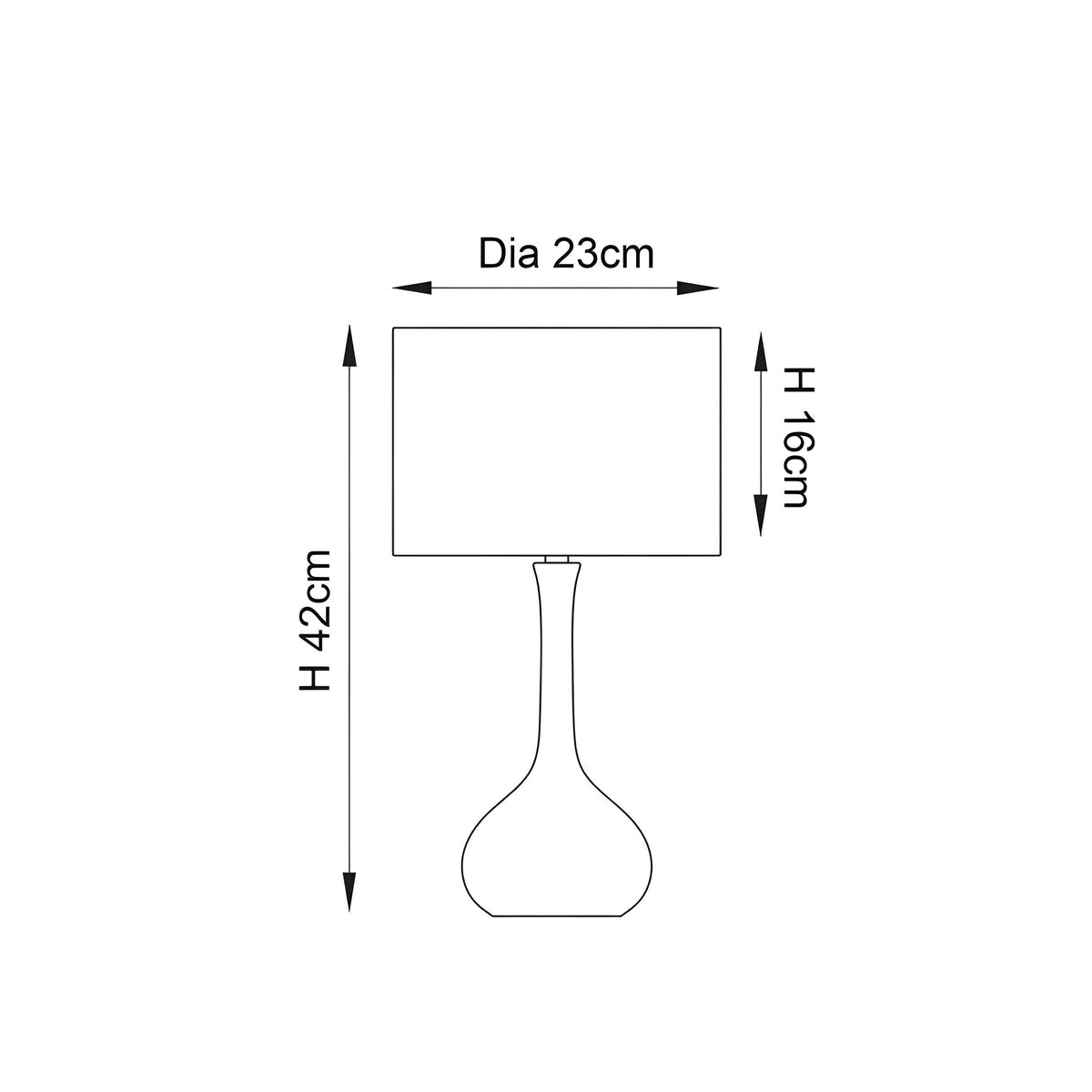 Endon Chartbury LED table lamp dimension diagram showing 42cm height, 23cm shade diameter and 16cm shade height on a plain background.