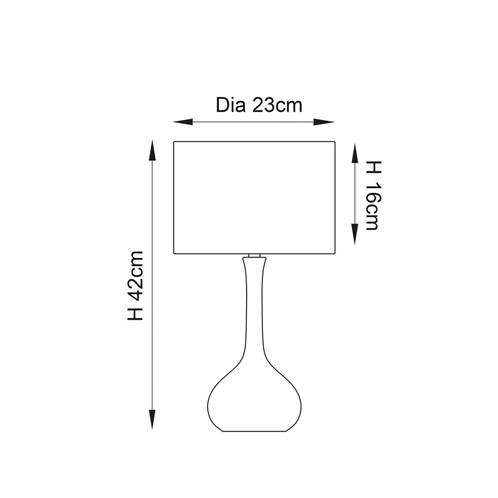 Dimension diagram of the Endon Chartbury LED table lamp showing 42cm height, 23cm shade diameter and 16cm shade height on a plain background.
