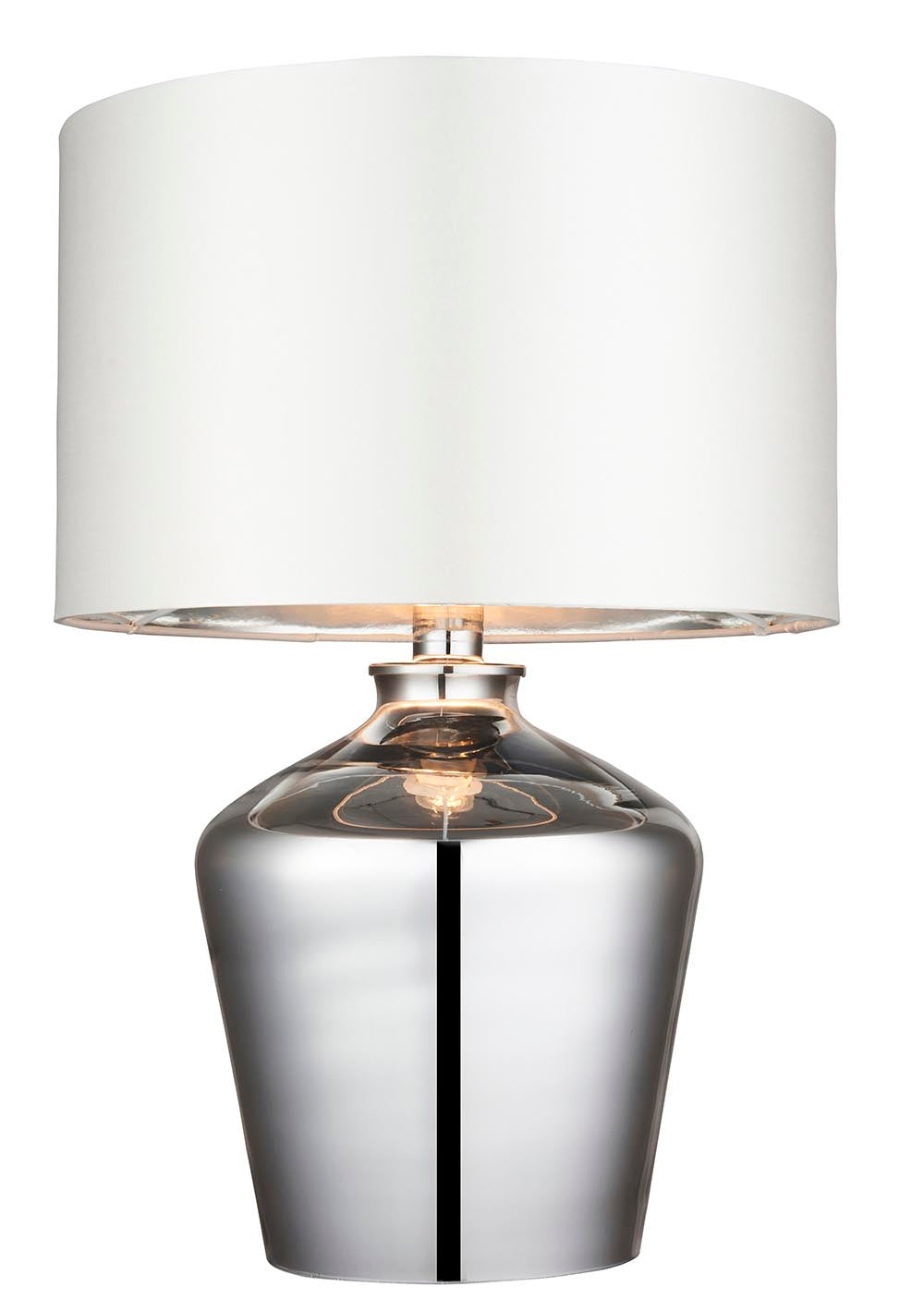 Danefield Table Lamp with a rounded chrome glass base and cream drum fabric shade, single E27 bulb visible, shown on a plain white background.