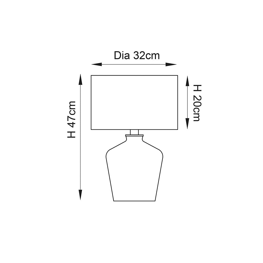 Danefield Table Lamp line drawing showing rectangular fabric shade with 32cm diameter and 20cm height, on a chrome glass base, total height 47cm.