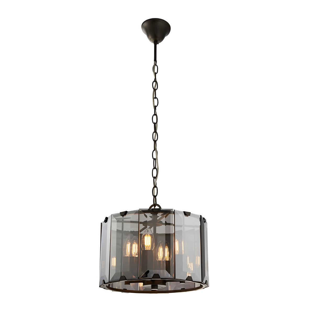 Bevshaw 4 Light Pendant in slate grey, drum-shaped fixture with bevelled smoke glass panels, hung from a long chain on a plain white background.
