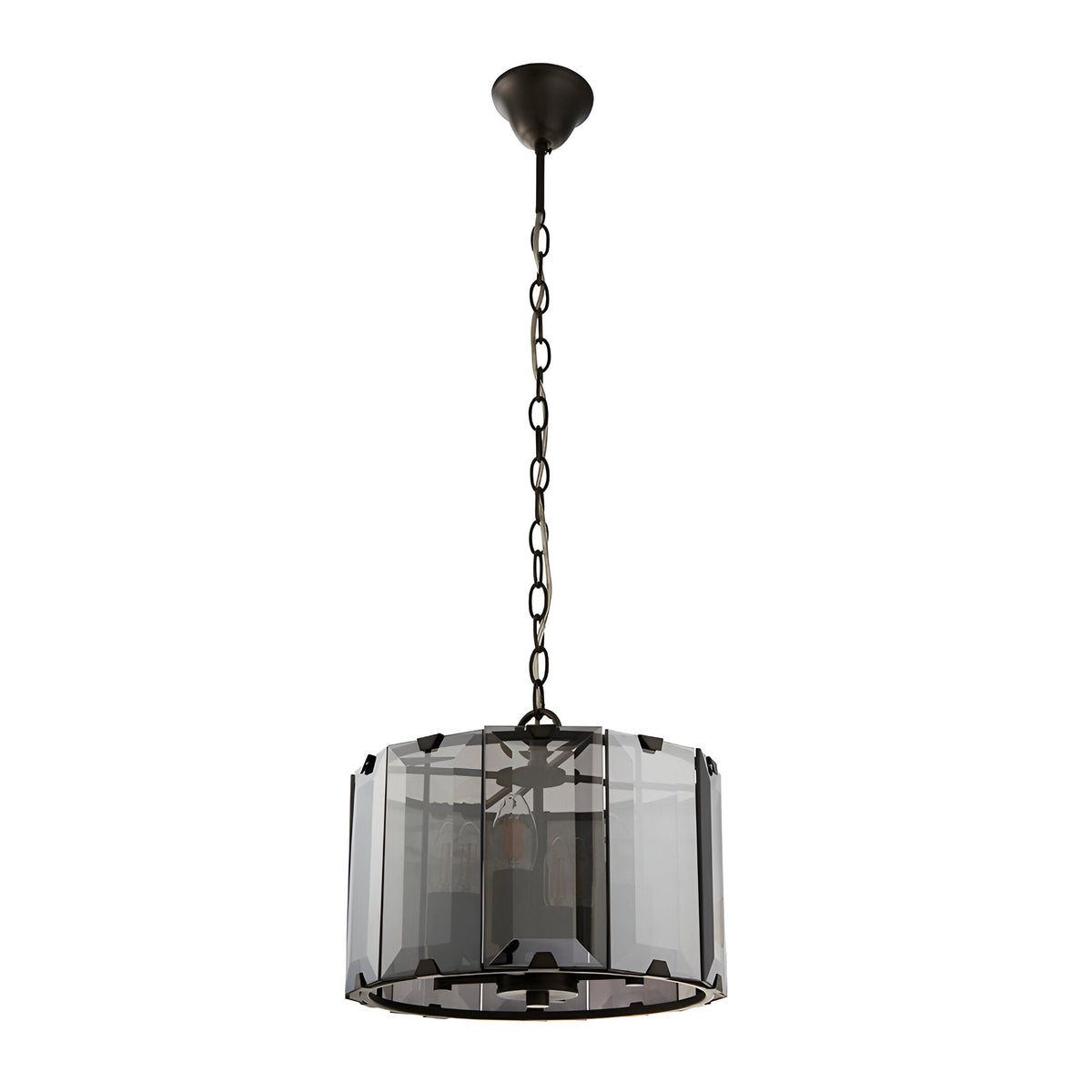 Bevshaw 4 Light Pendant in slate grey, with bevelled smoke glass panels on a drum frame, hung from a chain on a plain white background.