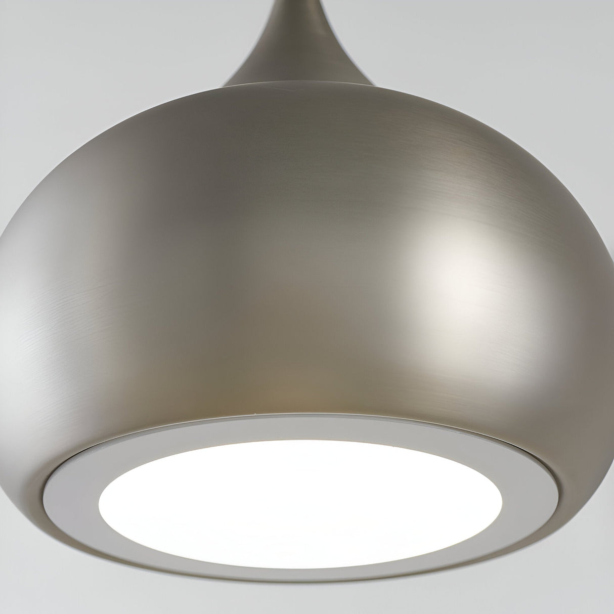 Ashleigh Pendant in matt nickel, close-up of the domed metal shade with white diffuser base, shown against a plain light background.