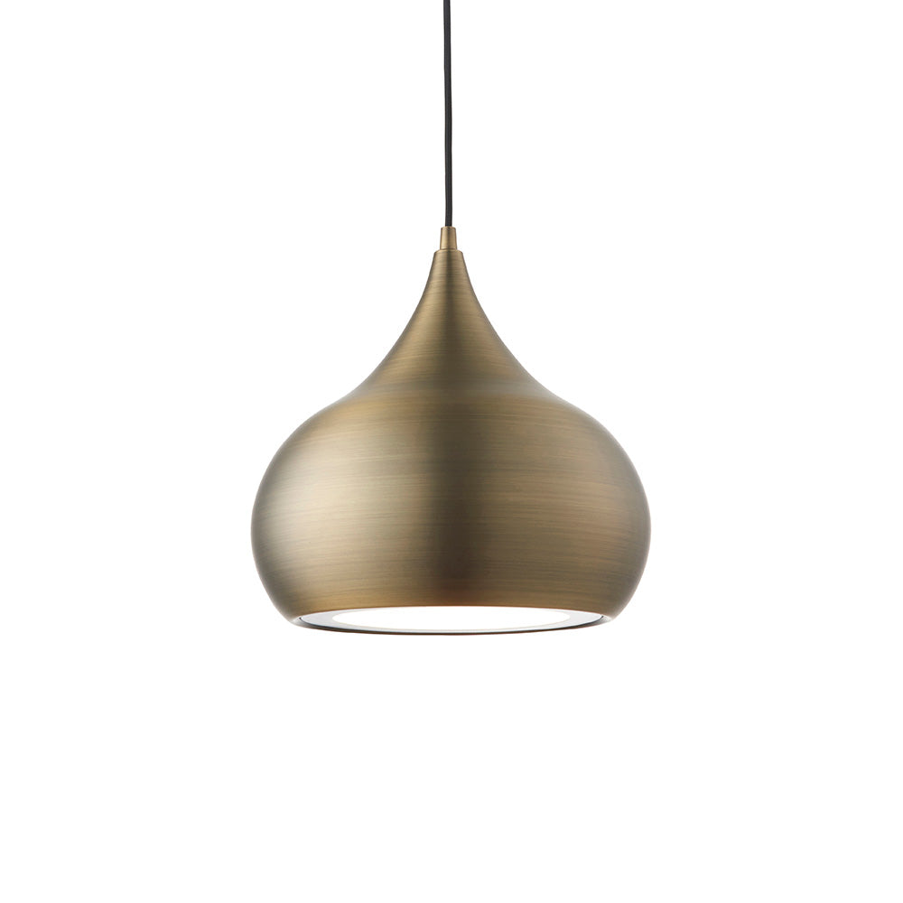 Endon Ashleigh onion-shaped pendant light in matt antique brass with a white diffuser and black fabric flex, shown on a plain white background.