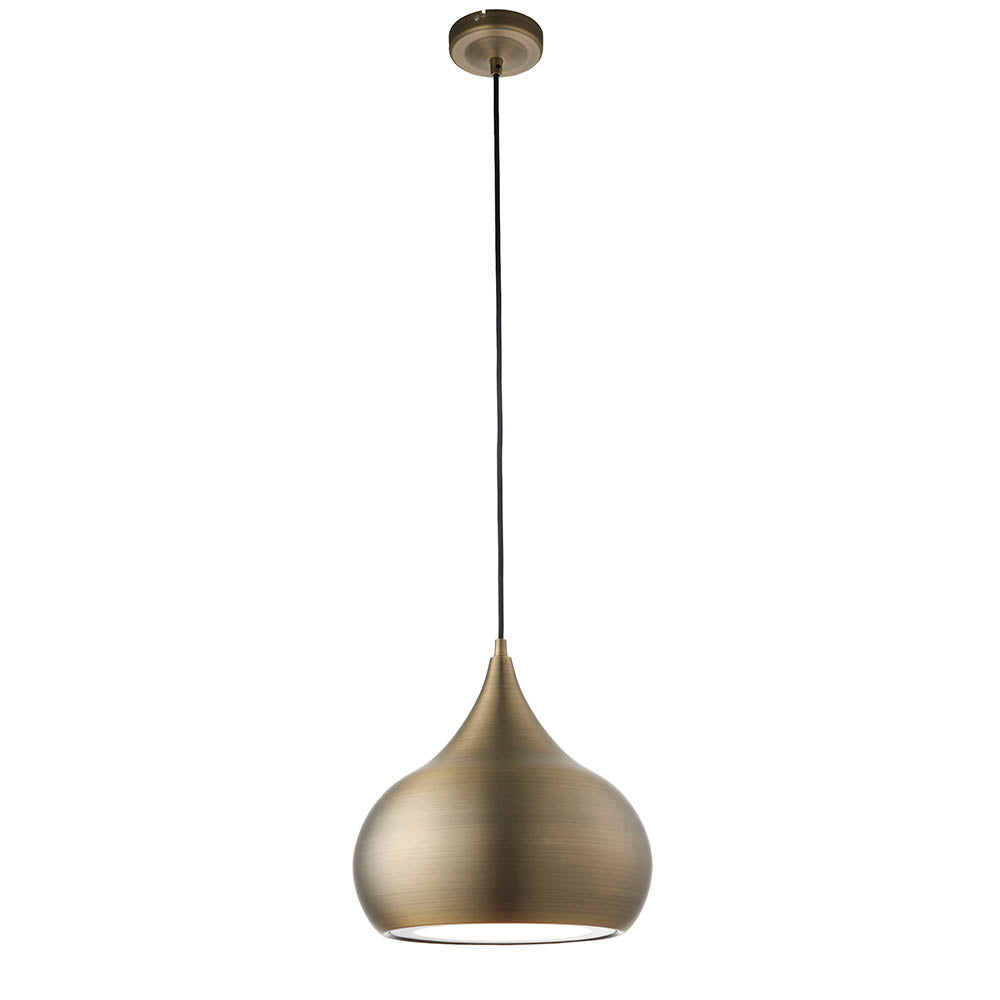 Endon Ashleigh teardrop pendant light in matt antique brass with white diffuser, suspended from a black flex and ceiling rose on a white background.