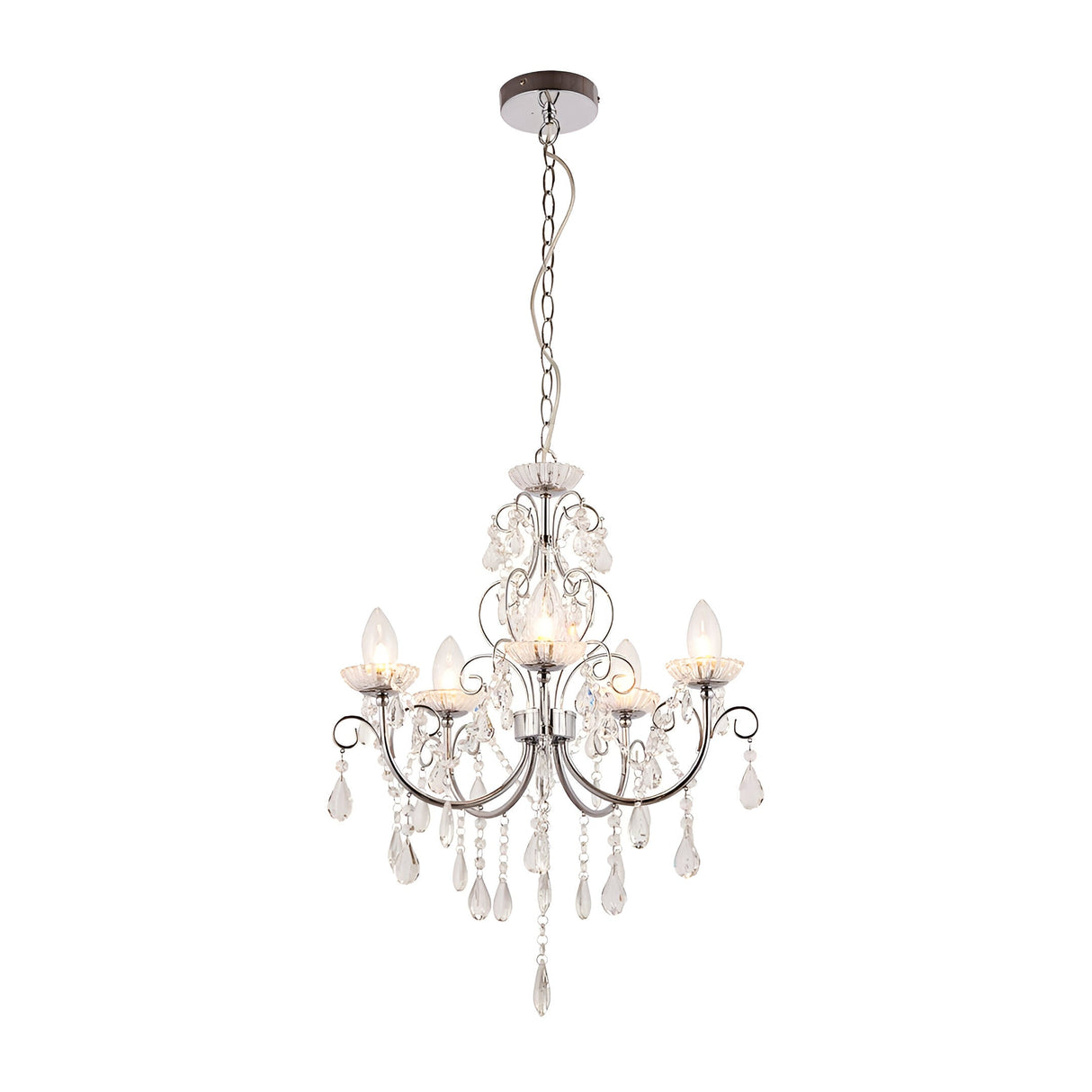 Endon Crandon 5 light bathroom chandelier in polished chrome with clear faceted crystal droplets and candle bulbs, shown on a plain white background.