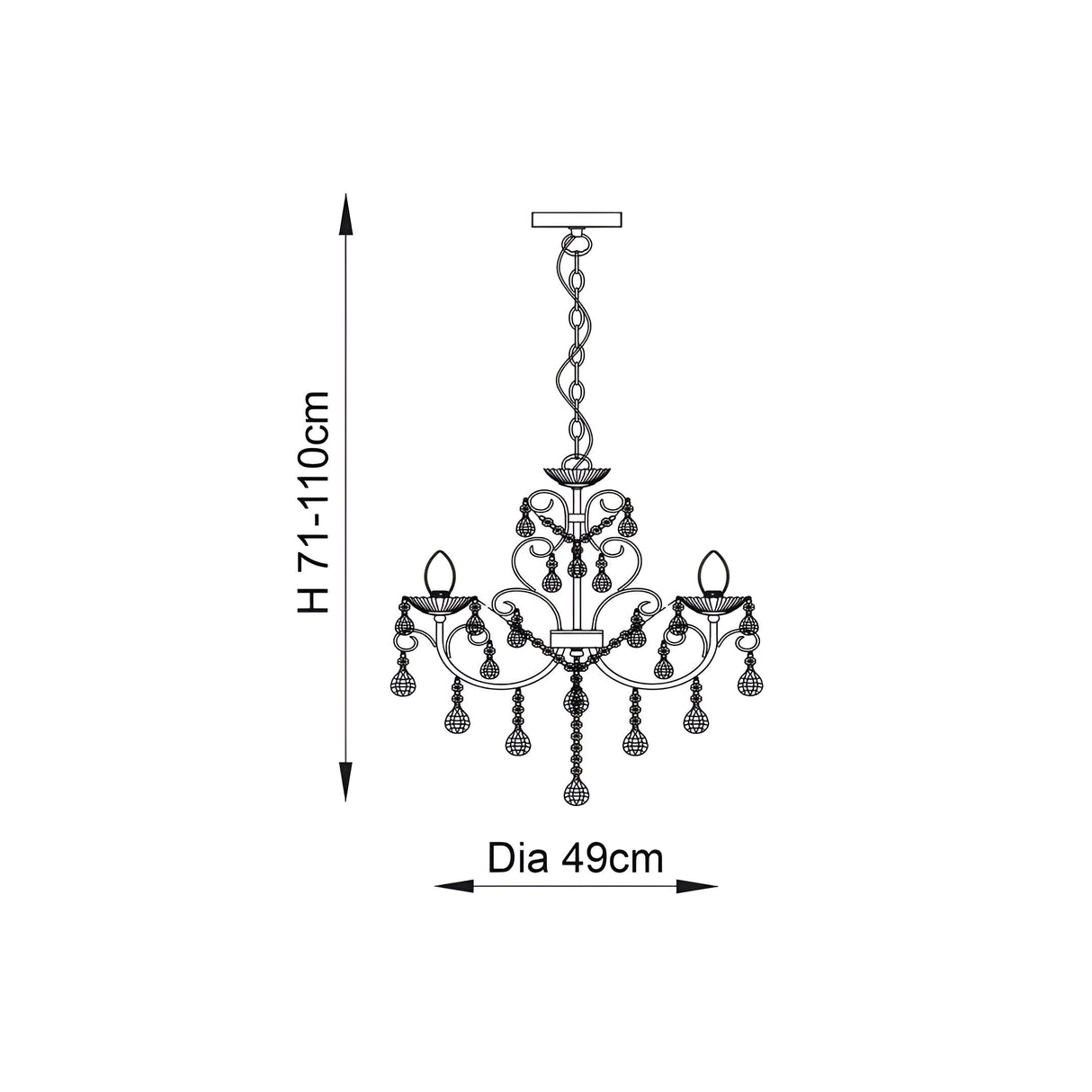 Dimensions diagram of the Endon Crandon 5 light bathroom chandelier showing 49cm diameter and adjustable 71-110cm height on a white background.