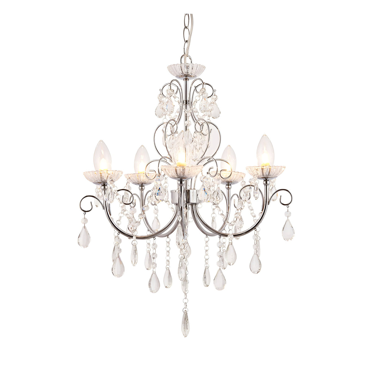 Endon Crandon 5 light bathroom chandelier in polished chrome with clear faceted crystal droplets and candle bulbs, shown on a plain white background.