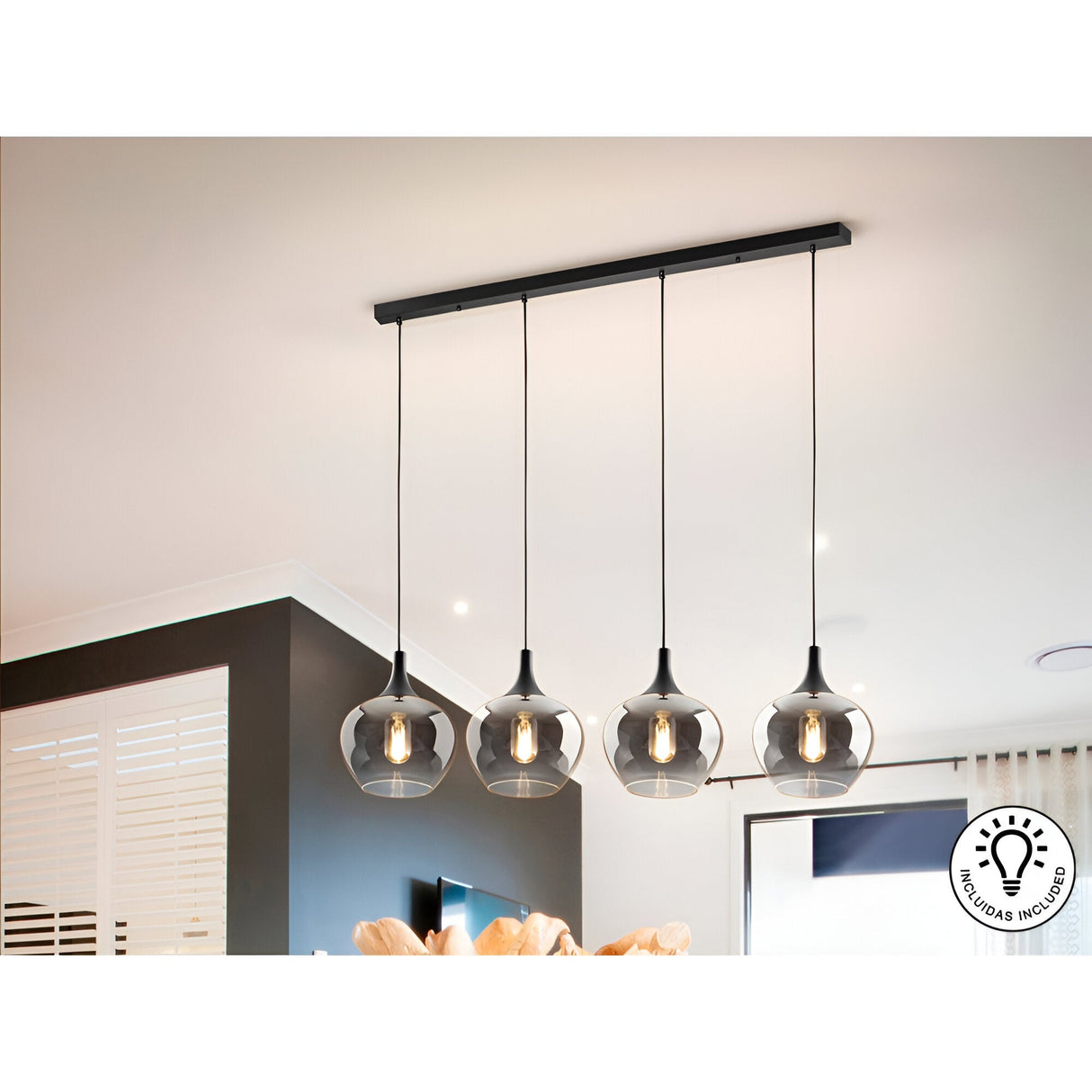 Opaz 4 Light Glass Bar Pendant - Smoked Black