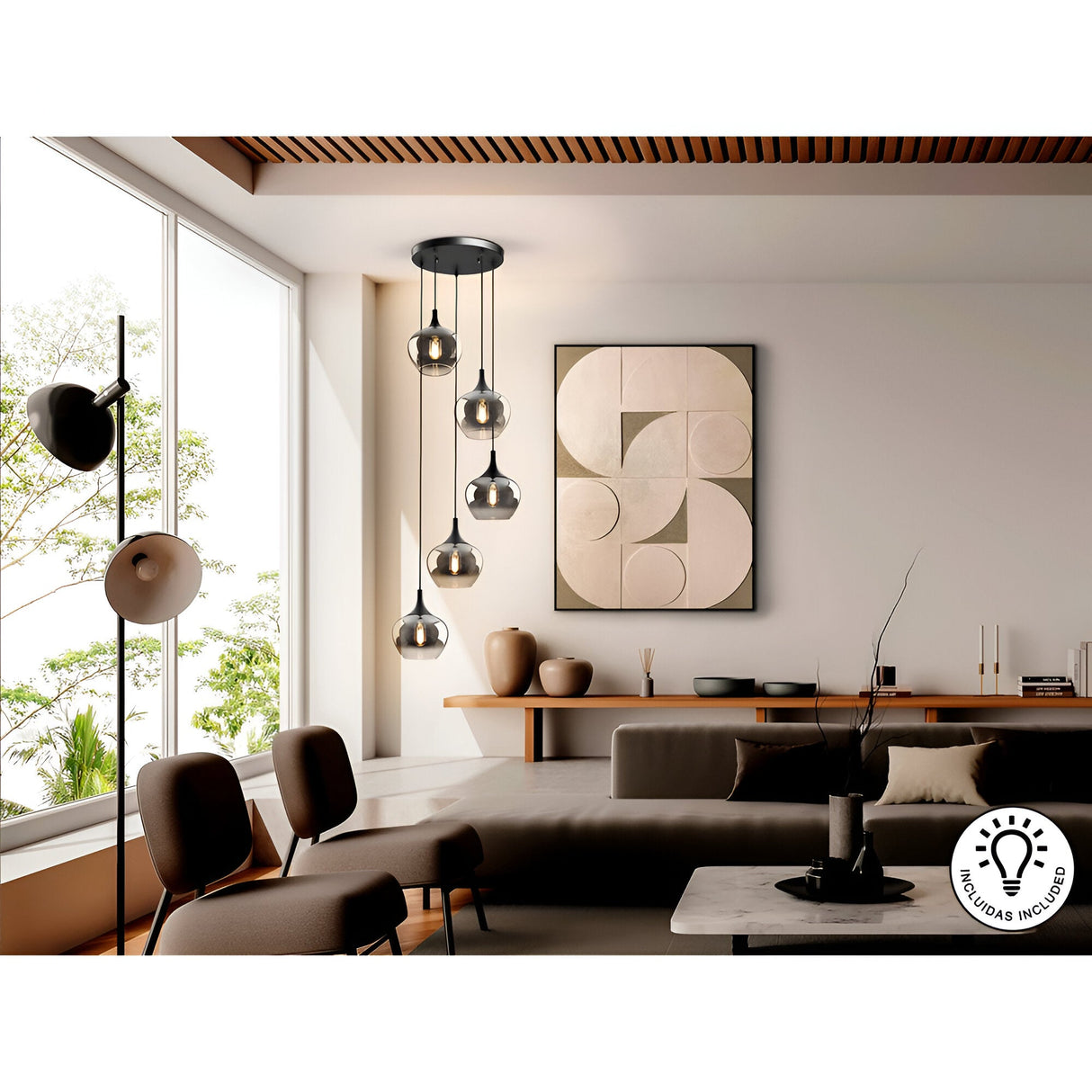 Opaz 5 Light Cluster Pendant Light - Smoked Black