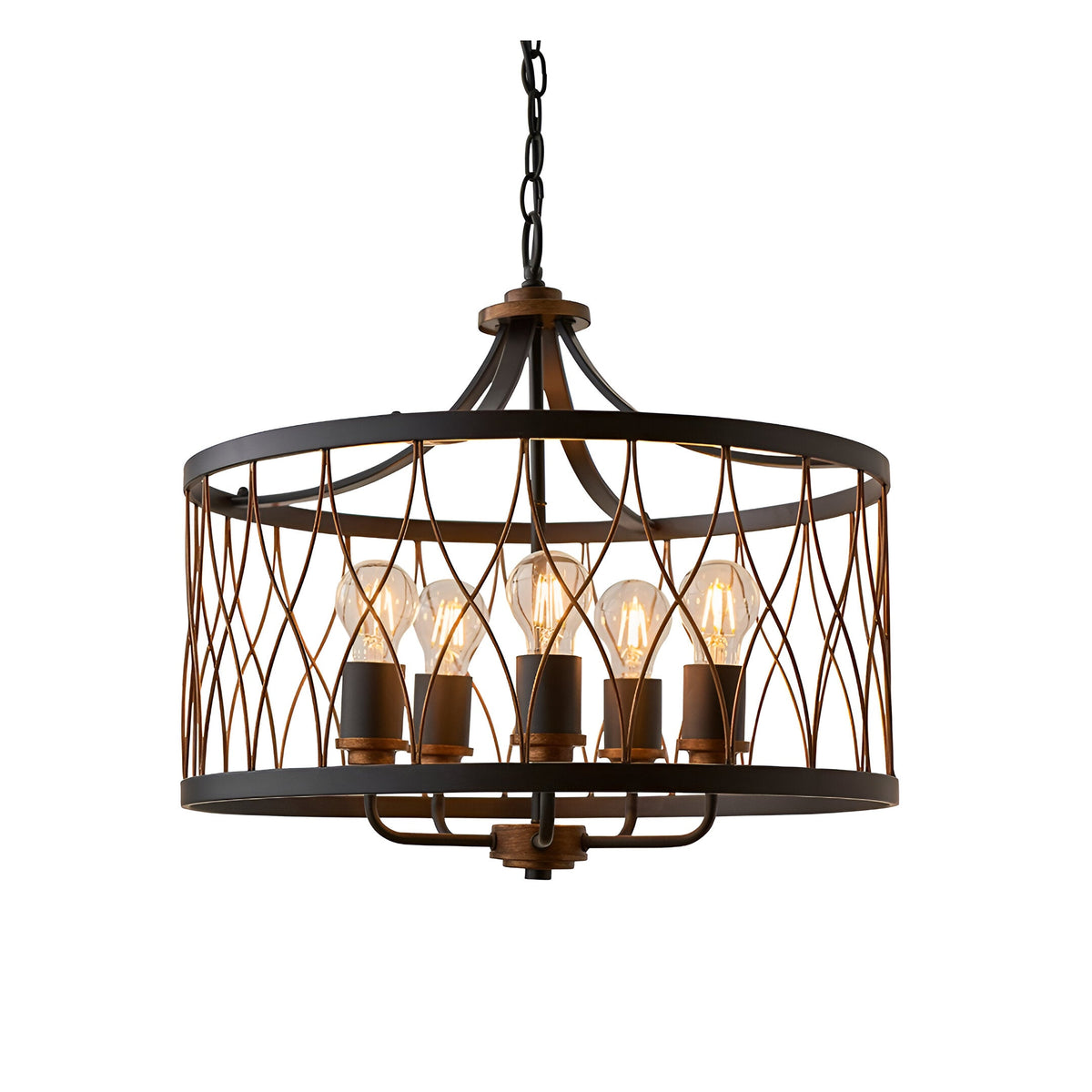 Hulton 5 Light Pendant in matt black and bronze, with open lattice metal drum shade, five exposed bulbs and adjustable chain, on a white background.