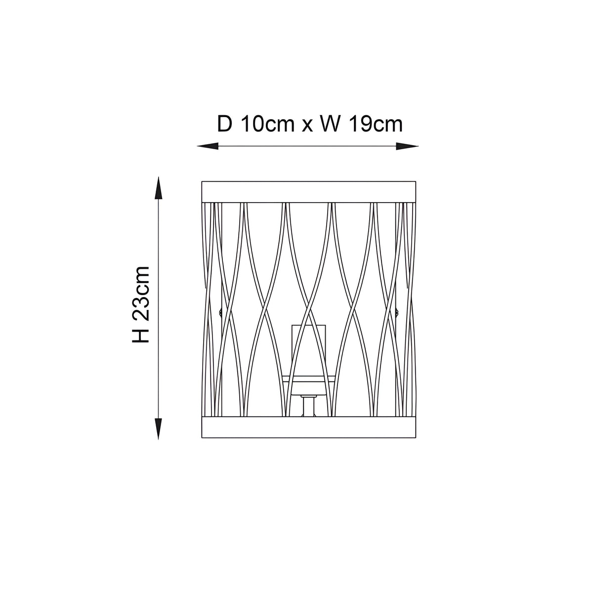 Dimensions diagram of the Endon Hulton wall light showing 23cm height, 19cm width and 10cm projection on a plain white background.