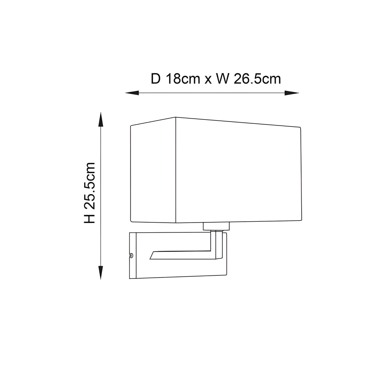 Endon Chartcombe wall light dimension diagram showing 25.5cm height, 26.5cm width and 18cm depth for the rectangular shade and bracket.