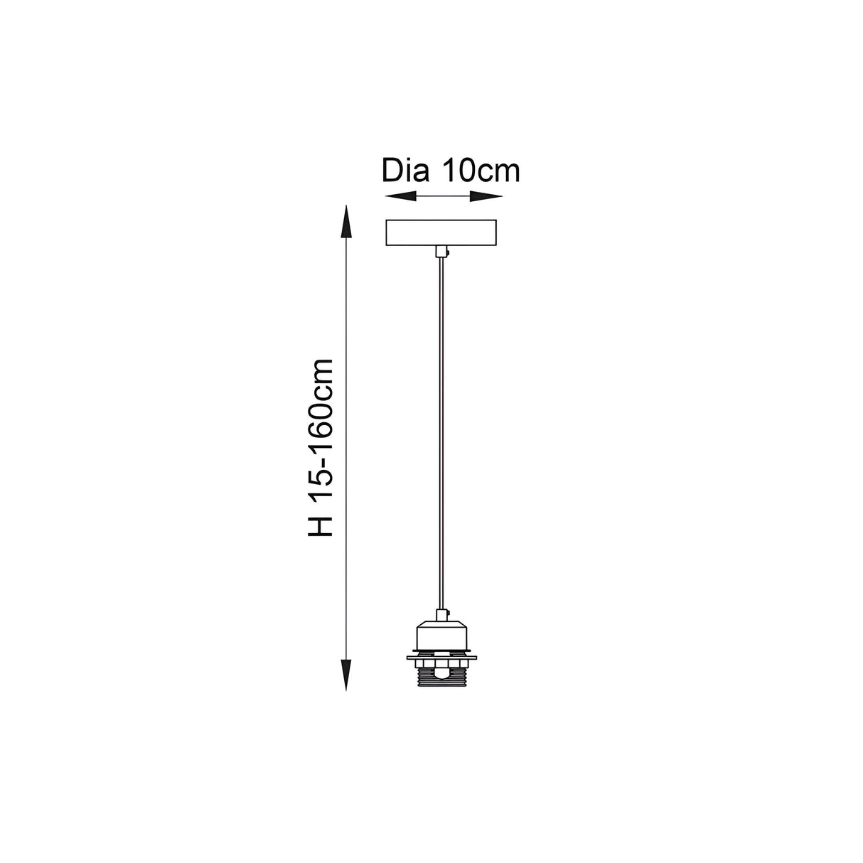 Dimensions diagram of the Endon Ashwell chrome and white E27 pendant cable set showing 10cm diameter ceiling plate and adjustable 15-160cm drop.