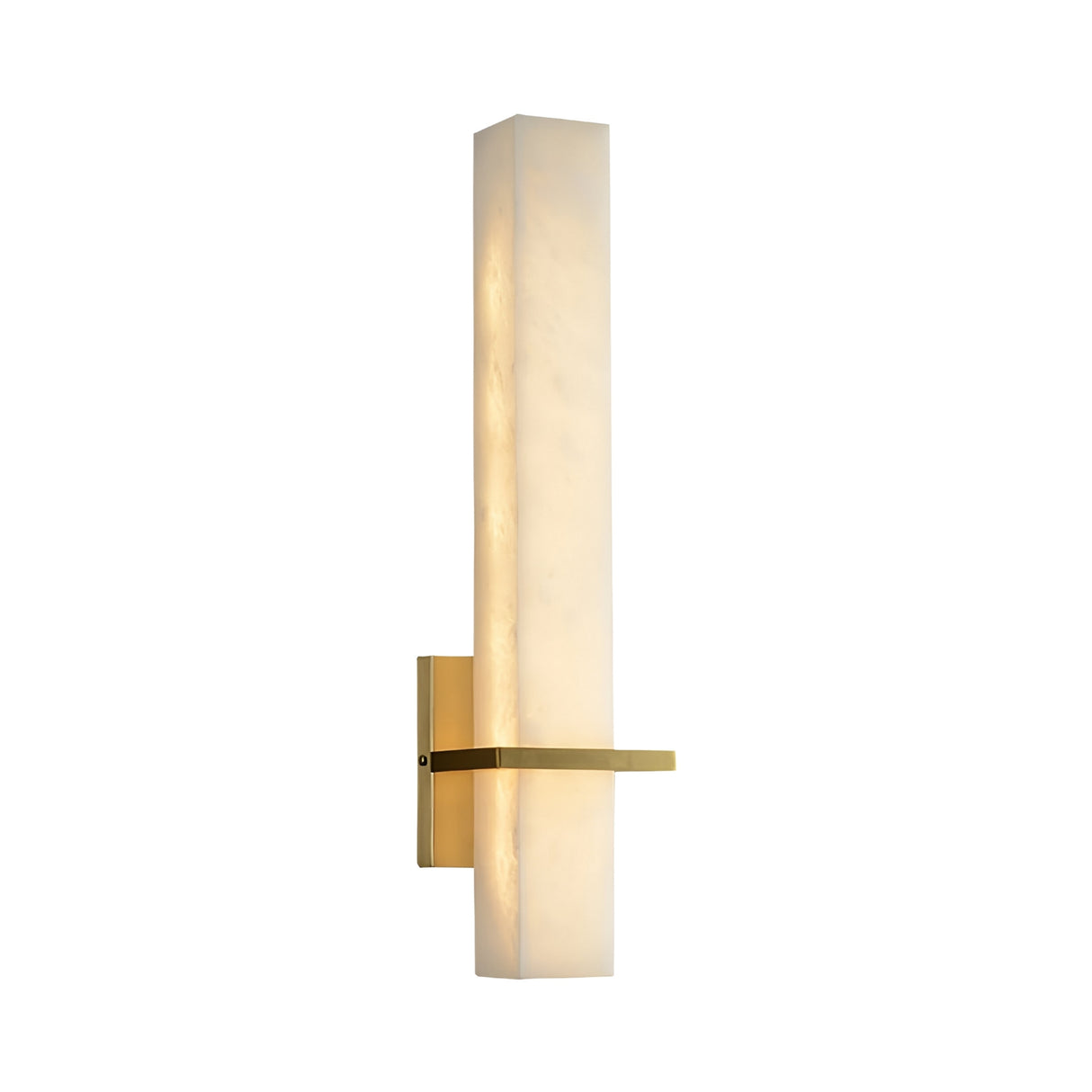 The Aurevon LED Vertical Panel Alabaster Wall Light features a long alabaster shade and brushed brass base, mounted vertically against a white backdrop for a modern look.