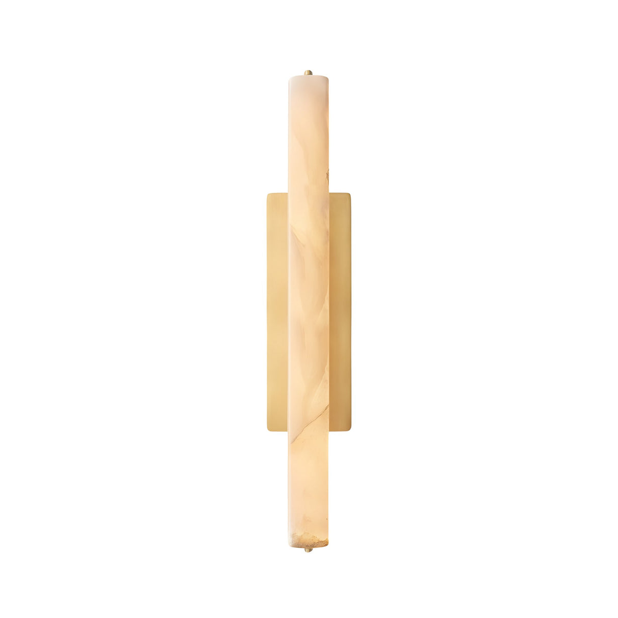 The Selvara LED Large Alabaster Wall Light features a vertical cylindrical alabaster shade and a rectangular brushed brass backplate, shown against a white background.