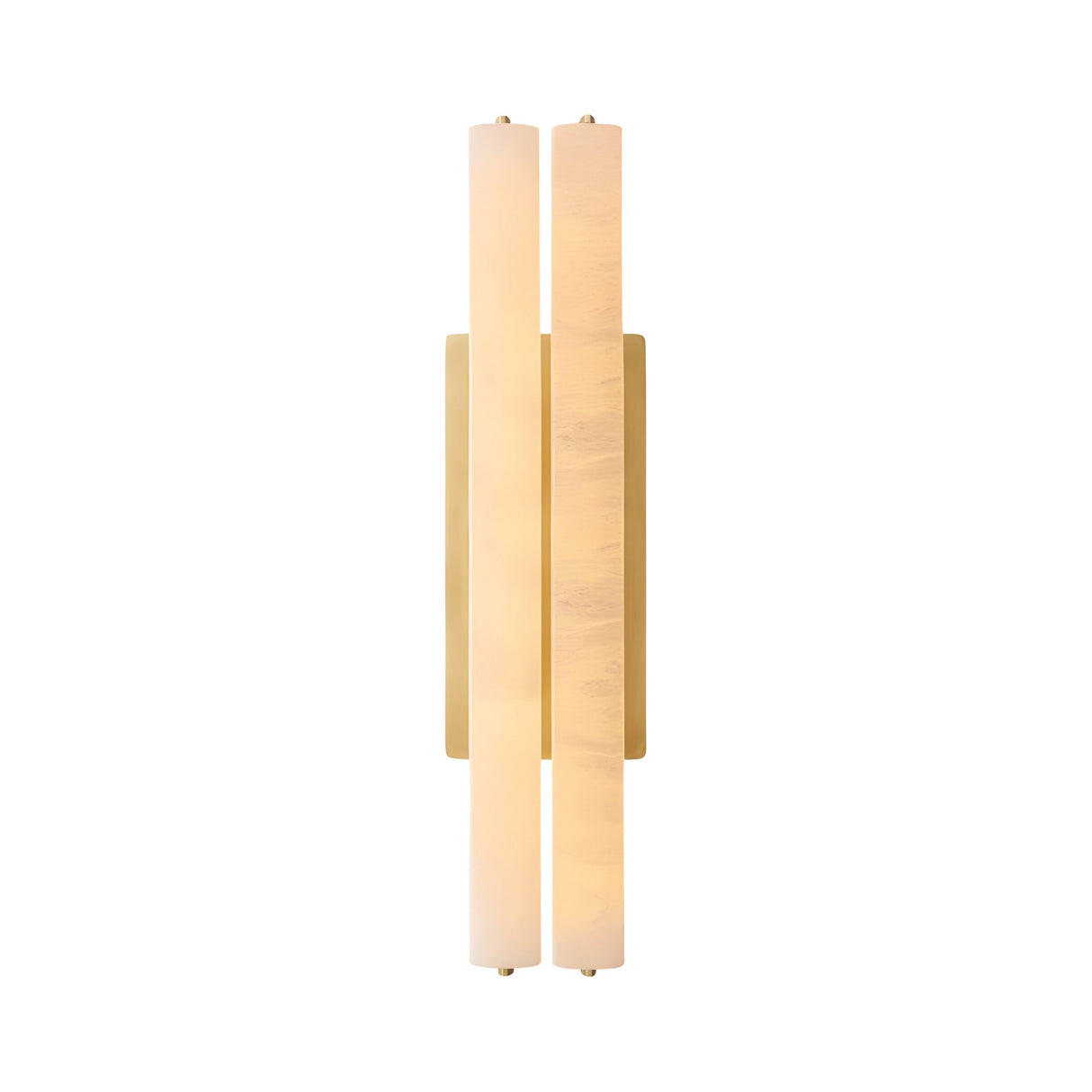 The Selvara LED Medium Alabaster Double Wall Light in brushed brass and soft white features two vertical frosted glass bars and a central gold mounting plate, shown against a plain white background.
