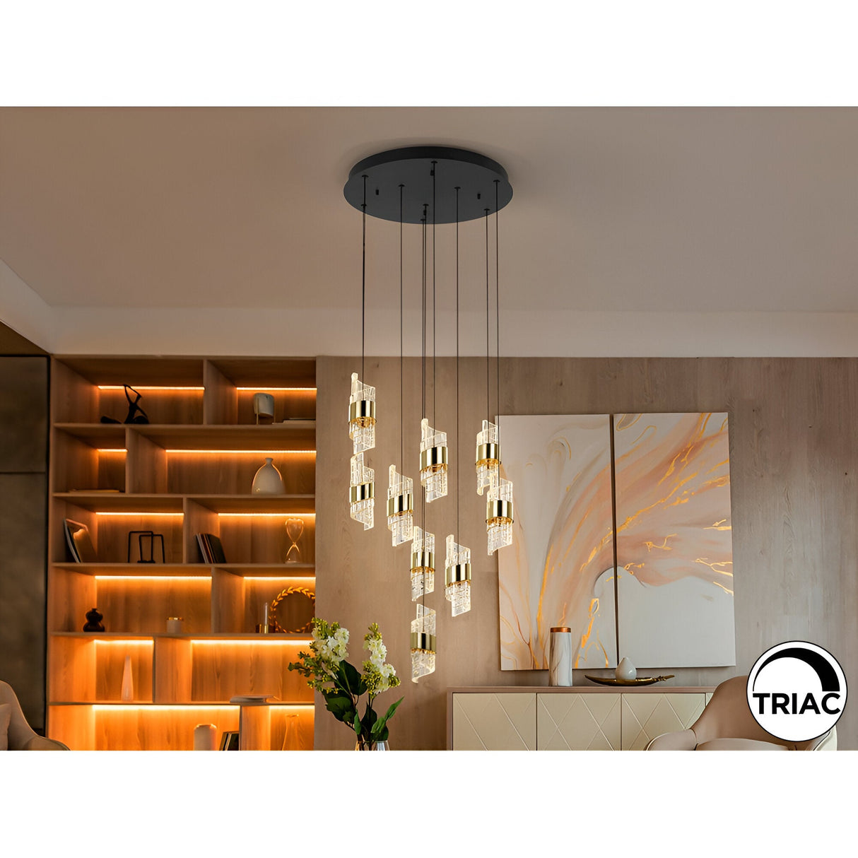 Iliada 9 Light Dimmable LED Cluster Pendant Light 63W 3000K - Gold/Transparent