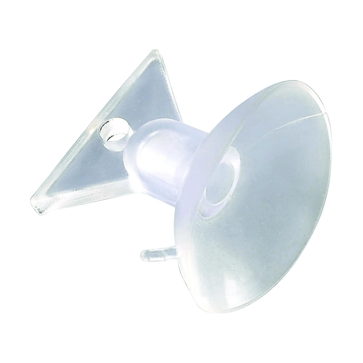 The Lamp Rubber Suction Cup is a transparent suction cup with a 35mm diameter that includes a plastic hook for hanging. This triangular-shaped hook has a hole at the top, providing secure attachment to surfaces and highlighting its practical design.