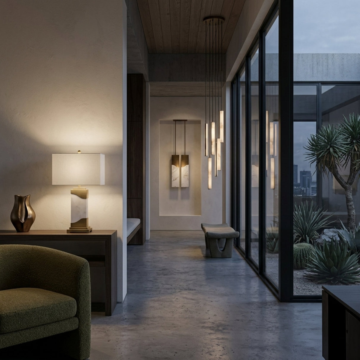 A modern, minimalist hallway with concrete floors, large windows facing a desert garden, pendant lights, a bench, abstract wall art, and the Torvani 1 Light Statement Marble Table Lamp in brass & grey & white beside a green armchair and bronze vase.