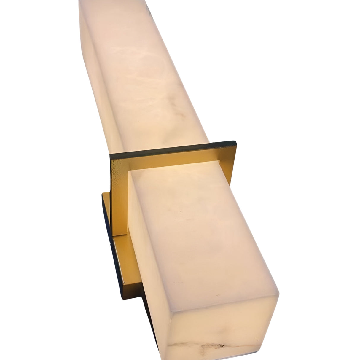 The Aurevon LED Vertical Panel Alabaster Wall Light features a soft white rectangular shade and brushed brass, elegantly mounted on a sleek gold and black metal bracket.