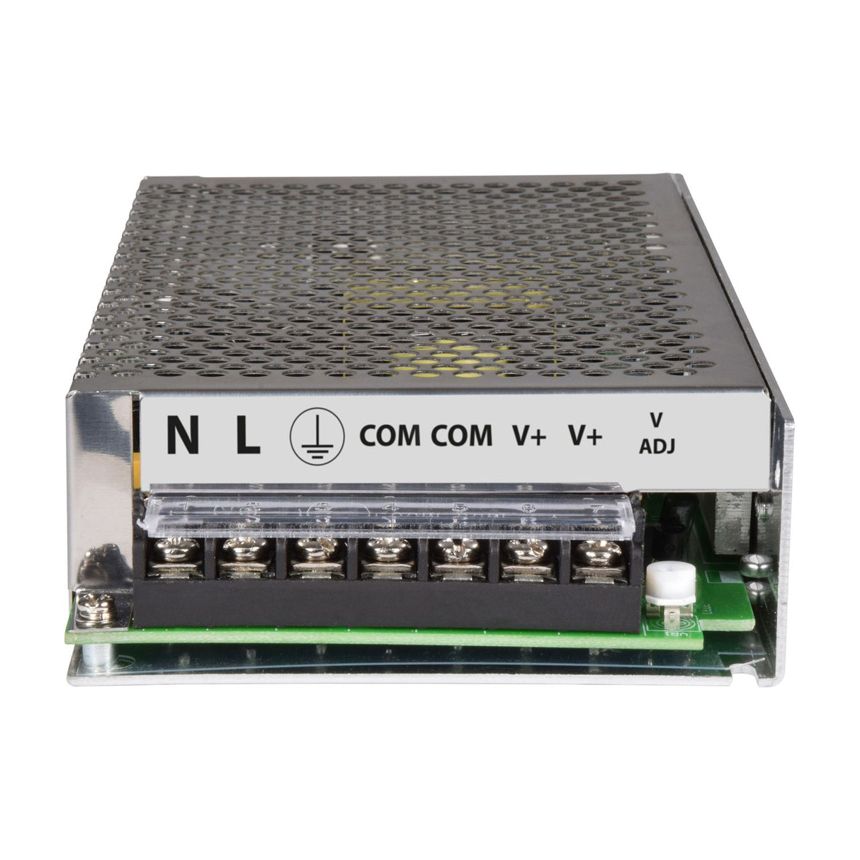 Mercury 13.8V 15A switch mode PSU with perforated metal casing and terminal block labelled N, L, earth, COM, V+ and V ADJ, shown on a white background.