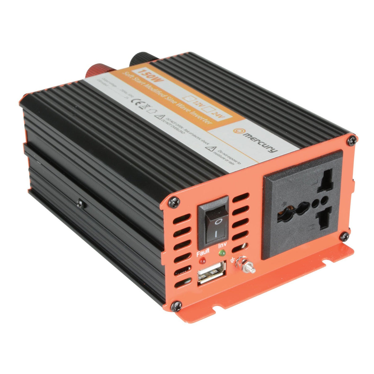 The Mercury 12V DC Modified Sine Wave Inverter - 150W is a black and orange inverter with multiple plug sockets, USB port, power switch, indicator lights, and ventilation slots. Ideal for powering devices using a 12V DC supply.