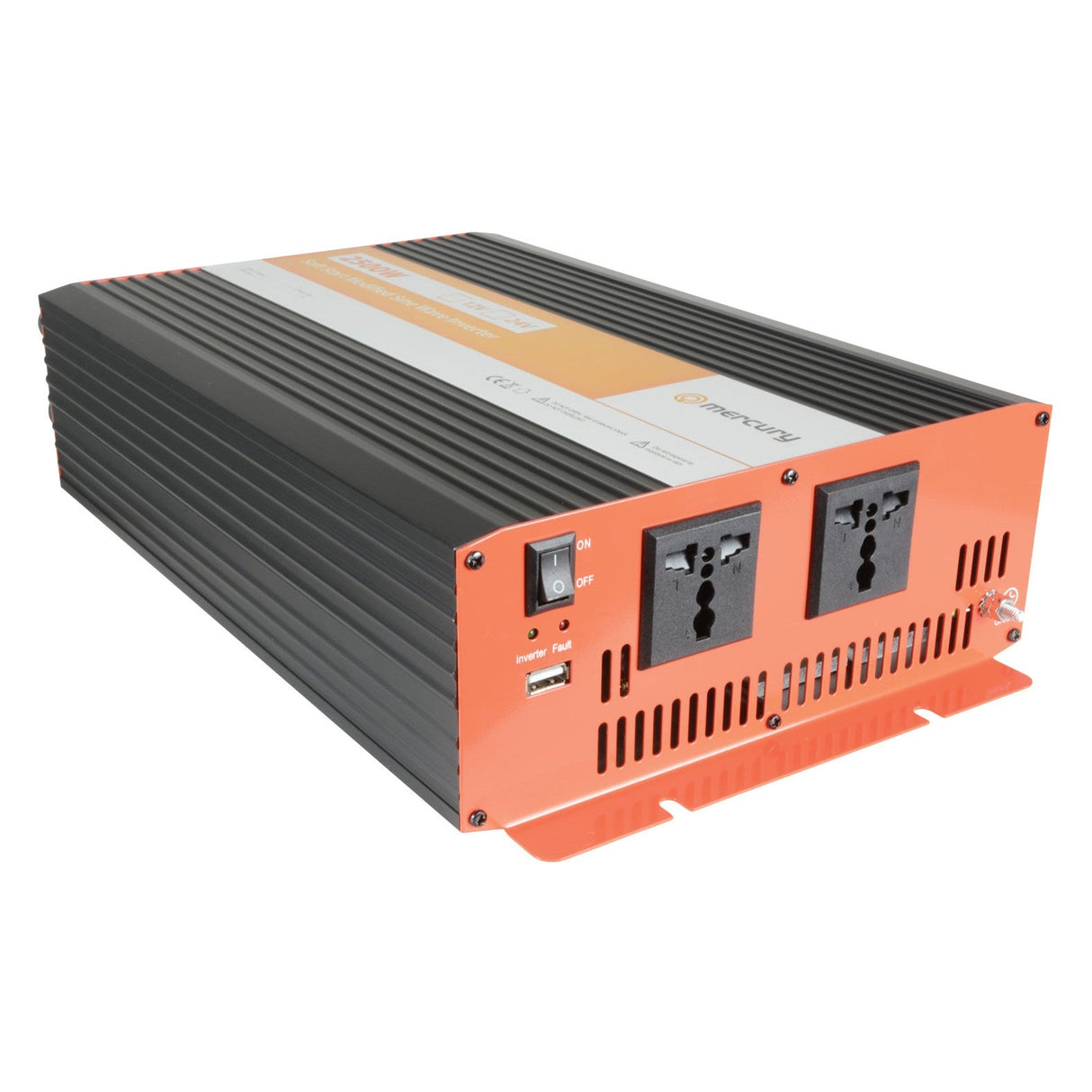 The Mercury 24V DC Modified Sine Wave Inverter - 2500W features an orange and black ribbed design, dual universal AC outlets, USB ports, on/off switch, and ventilation slots—perfect for electronics or as a 230V backup power source.