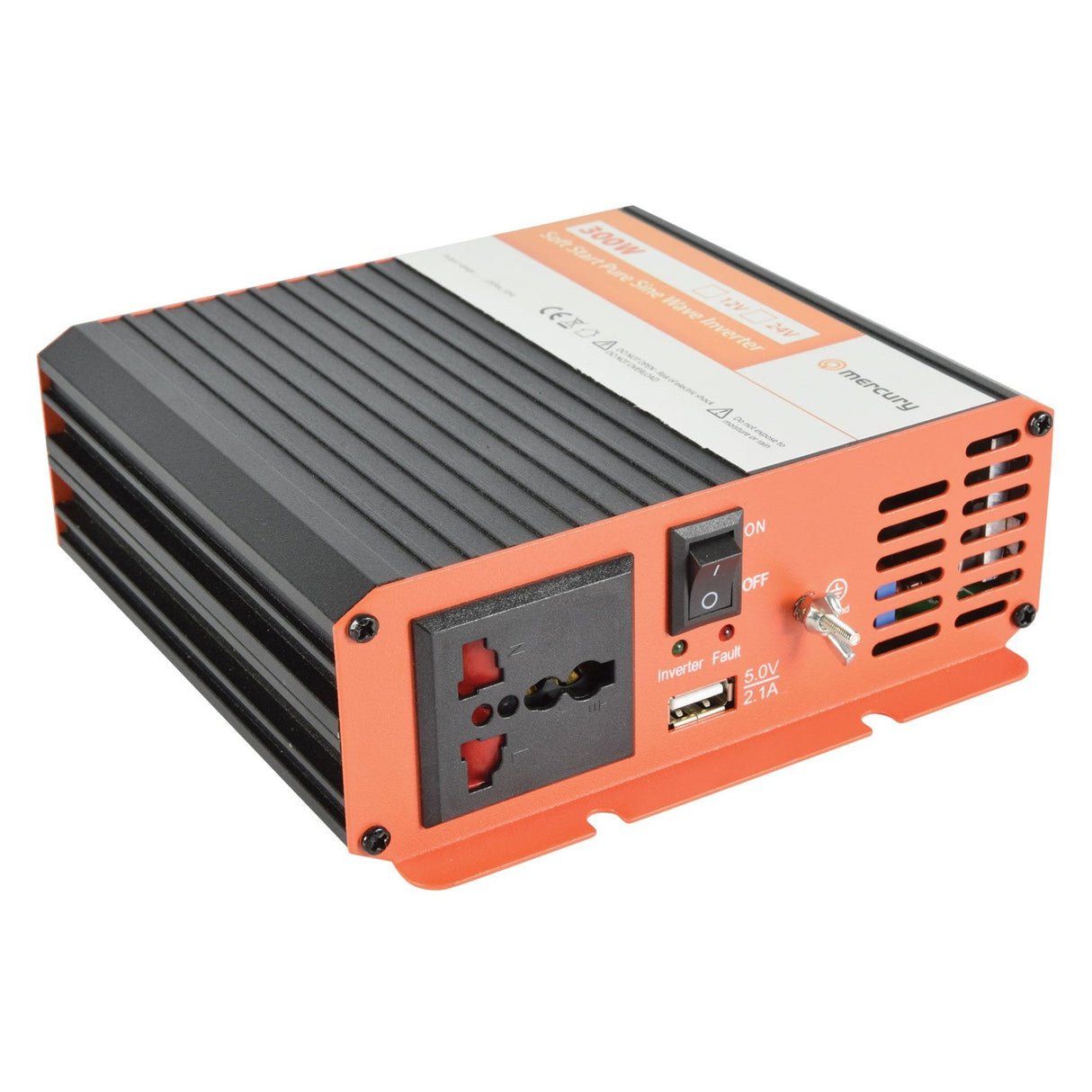 The Mercury 12V DC Pure Sine Wave Inverter - 300W features an orange and black design, universal power socket, USB port, ventilation grilles, switch, and indicator lights. Ideal for off-grid use with full specs labeled on top.