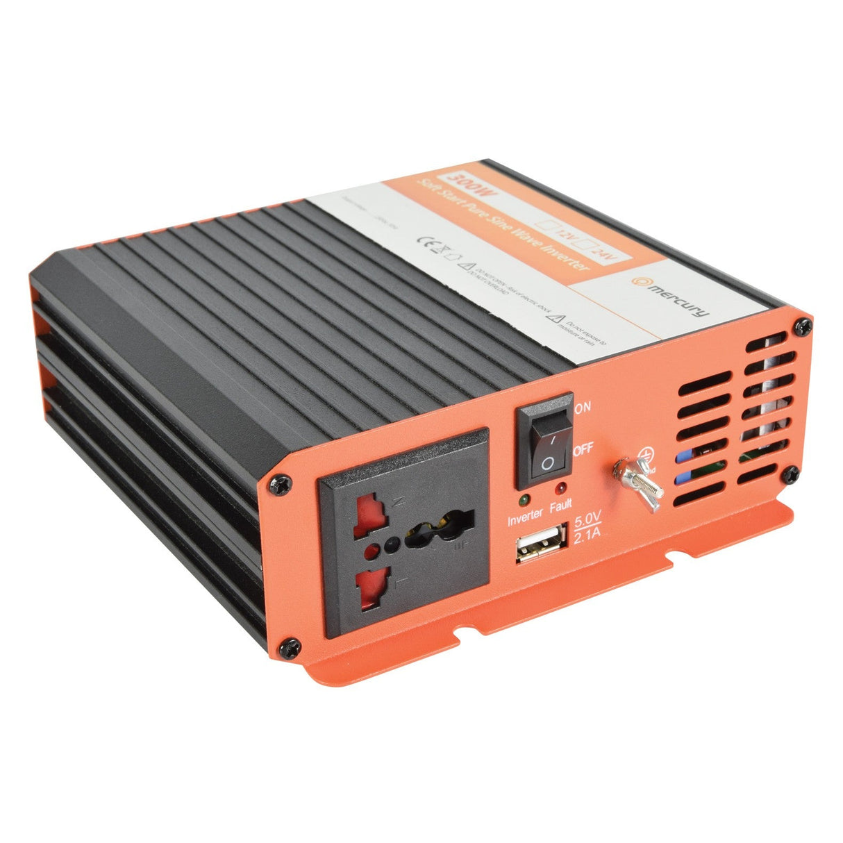 The Mercury 24V DC Pure Sine Wave Inverter - 300W features a black and orange design, on/off switch, universal socket, USB port, and cooling vents—perfect for converting 24V DC to 230V AC as emergency backup power.