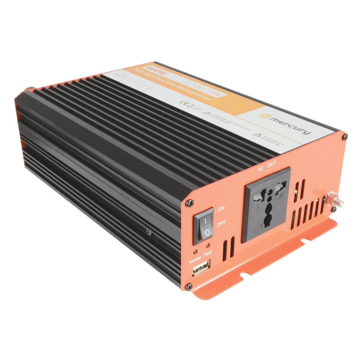 The Mercury 12V DC Pure Sine Wave Inverter - 600W features AC and USB outlets, on/off switch, and front indicator lights in a black and orange design—perfect for reliable portable power backup wherever you need it.