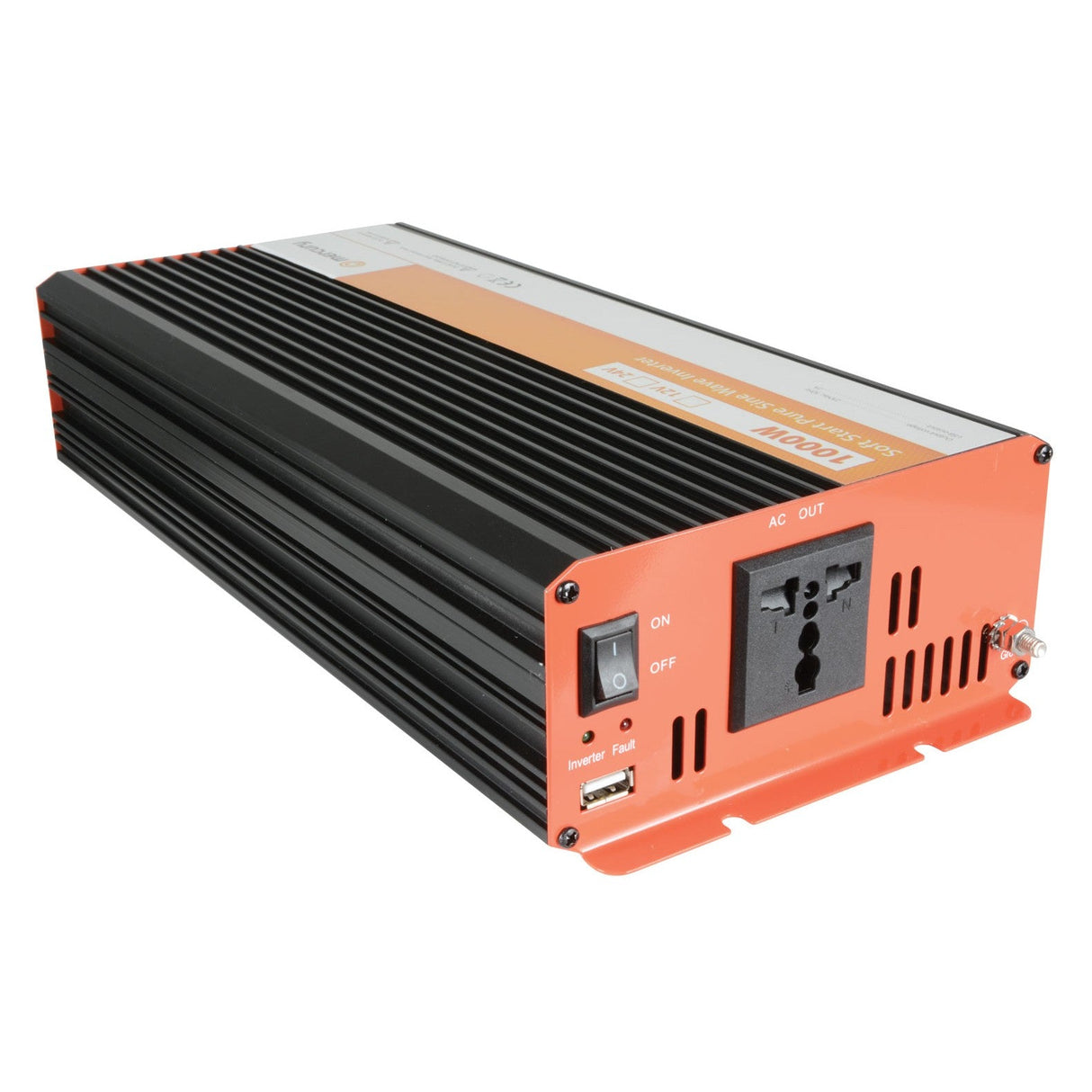 The Mercury 12V DC Pure Sine Wave Inverter - 1000W is a rectangular orange and black unit with grooved sides, on/off switch, USB port, AC outlet, and indicator lights that converts 12V DC to 230V AC.