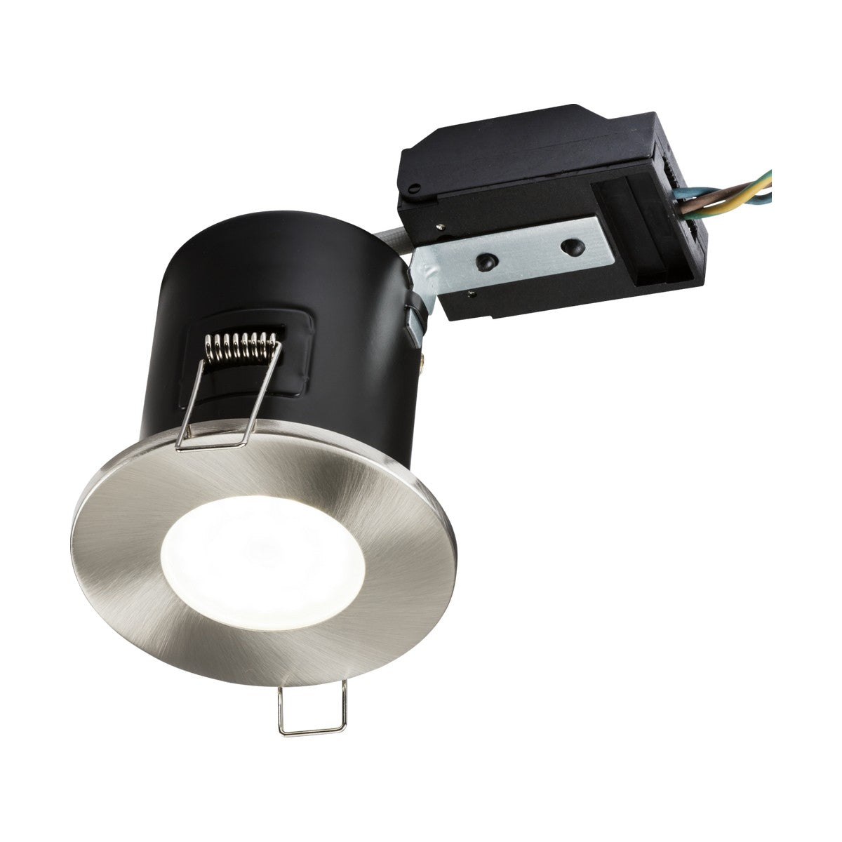 The Fixed GU10 Fire-Rated Downlight in brushed chrome is a silver and black recessed ceiling light fixture that includes an LED bulb with a GU10 lamp base. It is linked to a rectangular black electrical box with visible wiring, all set against a white background.