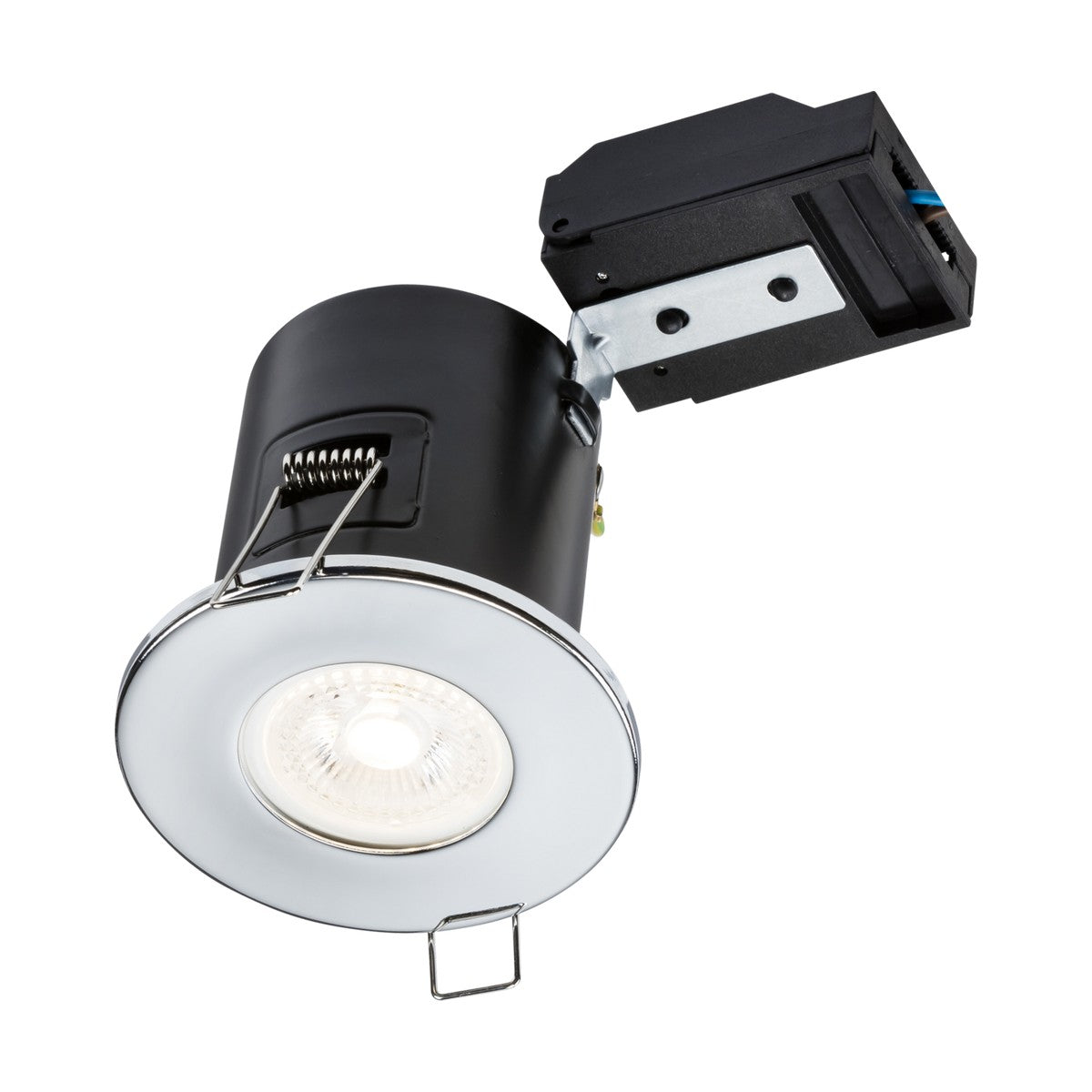 Introducing the Fixed GU10 Fire-Rated Downlight - Chrome, designed for recessed ceiling installation. It features a sleek black cylindrical housing with a chrome bezel, visible connectors, and mounting brackets for easy setup. The 35W GU10 bulb is centrally positioned within the glossy rim.