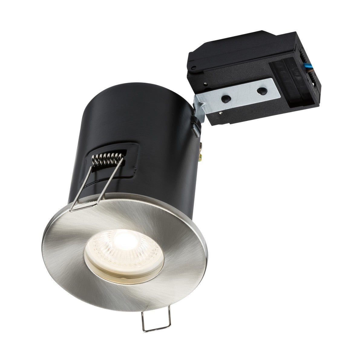The IP65 Fixed GU10 Fire-Rated Downlight features a brushed chrome bezel and a black recessed ceiling fixture. It includes a round bulb facing downward and a black junction box, making it ideal for secure installation in any ceiling.