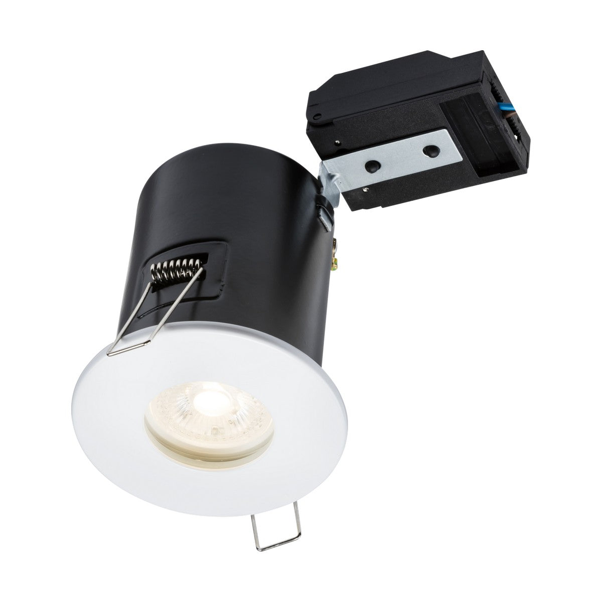 The IP65 Fixed GU10 Fire-Rated Downlight - White features a black recessed light fixture with a white trim ring and an LED bulb. It comes with a connection box and spring clips for easy ceiling installation, making it ideal for safety, especially in wet areas due to its IP65 rating.