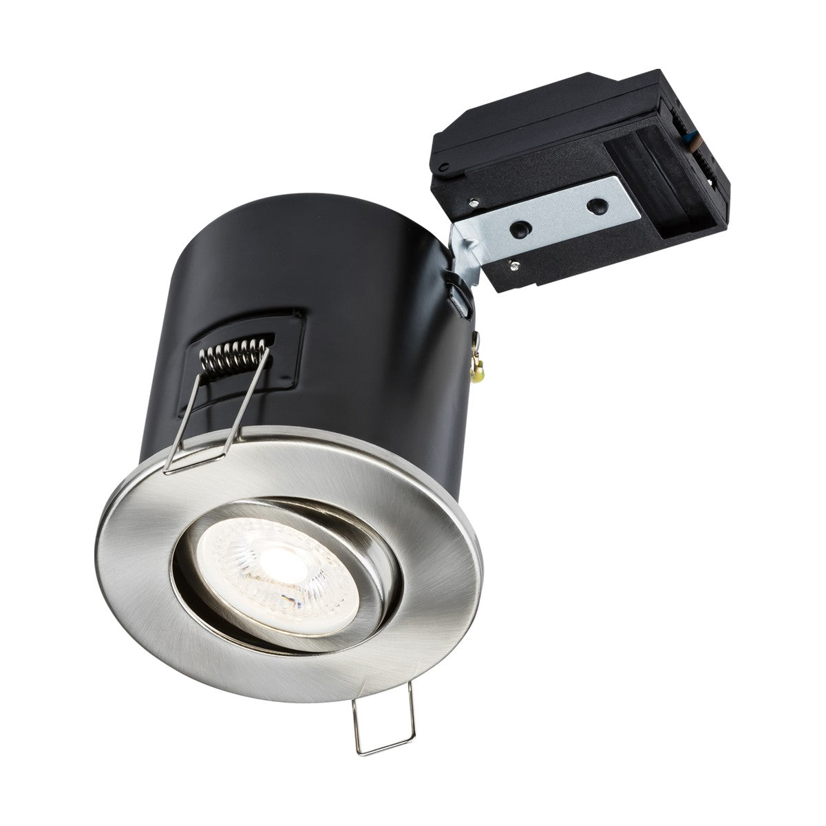 The Tilt GU10 Fire-Rated Downlight in brushed chrome features a black recessed ceiling light design with a brushed chrome bezel and an adjustable inner ring for directing light. It is LED halogen compatible and comes with a compact electrical box attached to the top, making it ideal for modern lighting installations.