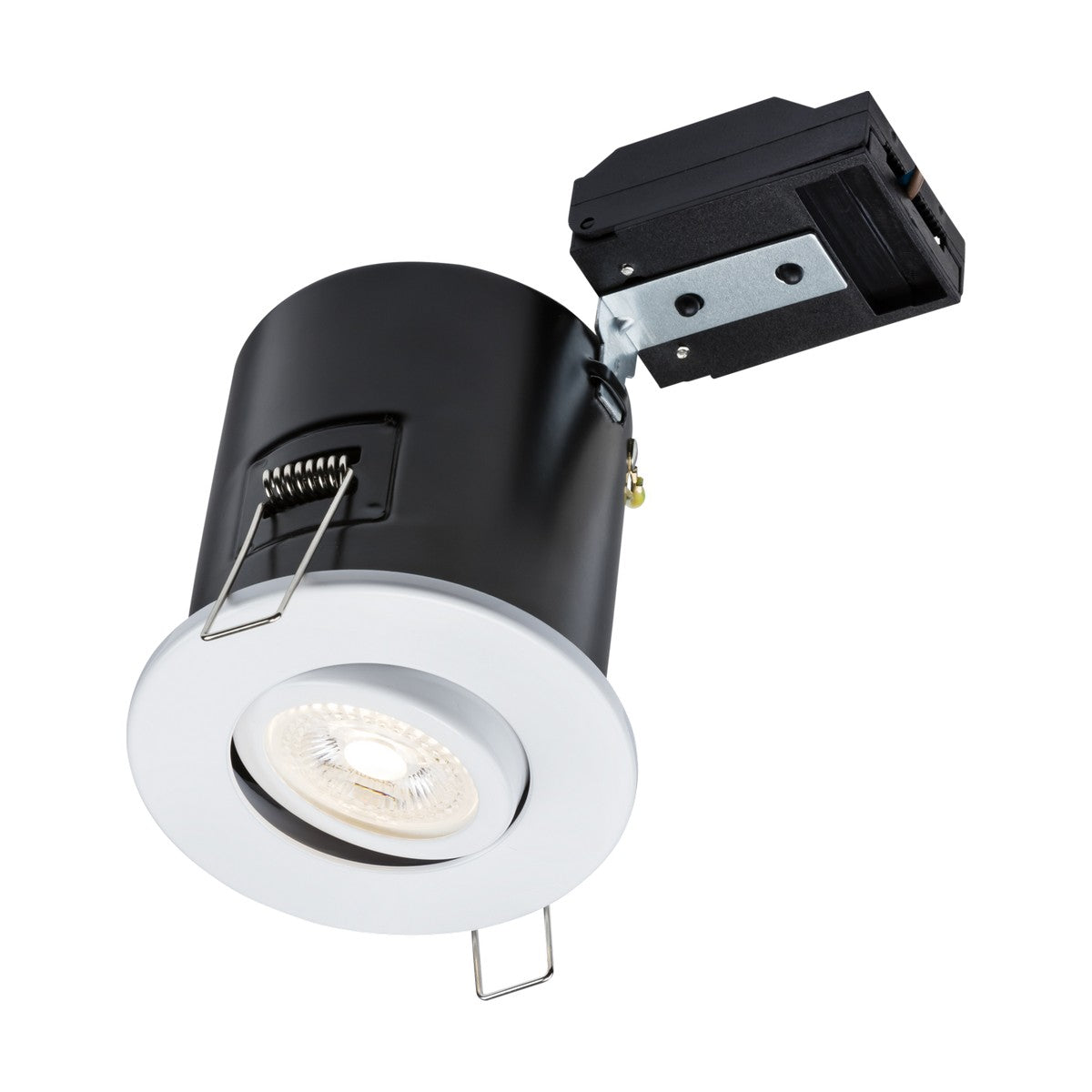 Tilt GU10 Fire-Rated Downlight features a sleek cylindrical black body with a white trim and a round LED-compatible light facing downward. It comes with a metal mounting bracket and junction box for easy installation, offering enhanced safety as it is designed as a fire-rated downlight.