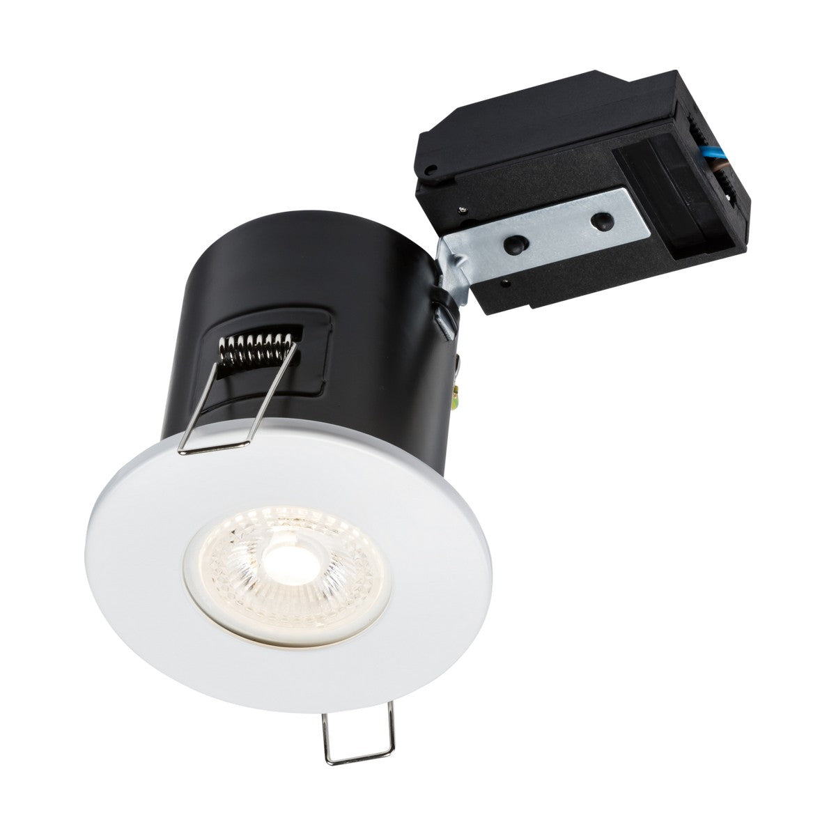 This elegantly designed Fixed GU10 Fire-Rated Downlight in black and white includes a round LED with a white bezel, seamlessly integrated into a black housing. Perfect for ceiling installations, it offers downward illumination compatible with GU10 LEDs at 230V IP20 standards.