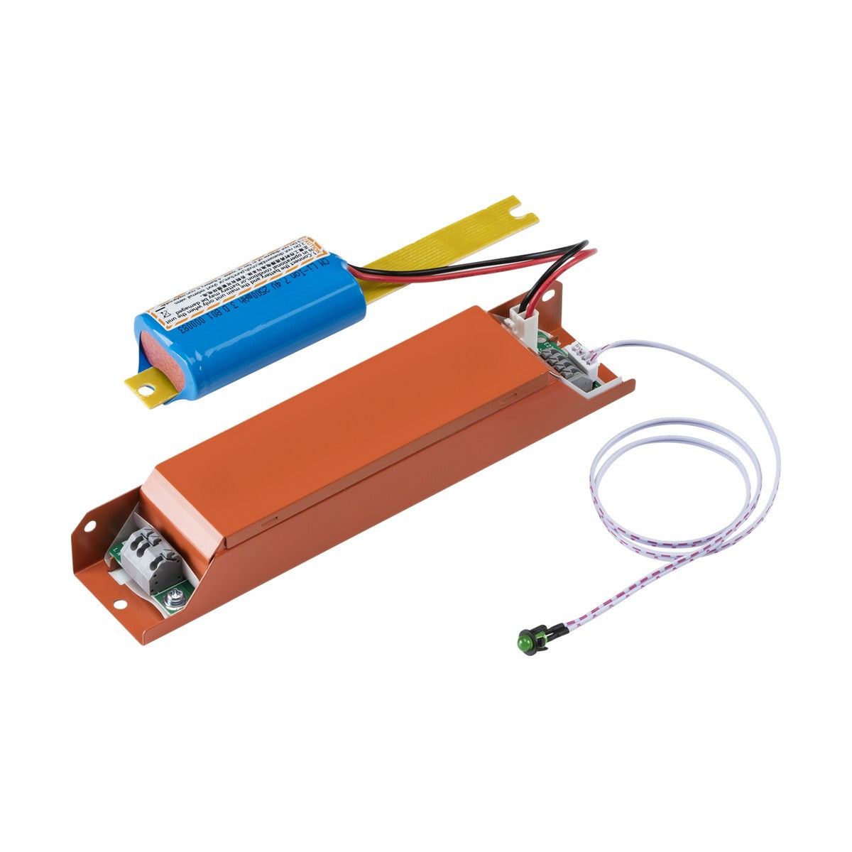 An essential part of any emergency kit, the Low Bay Emergency Kit For LWB Range features a rectangular orange inverter with a green light, an attached blue battery pack connected by wires, and a white cable that extends from the unit and terminates in a small connector.