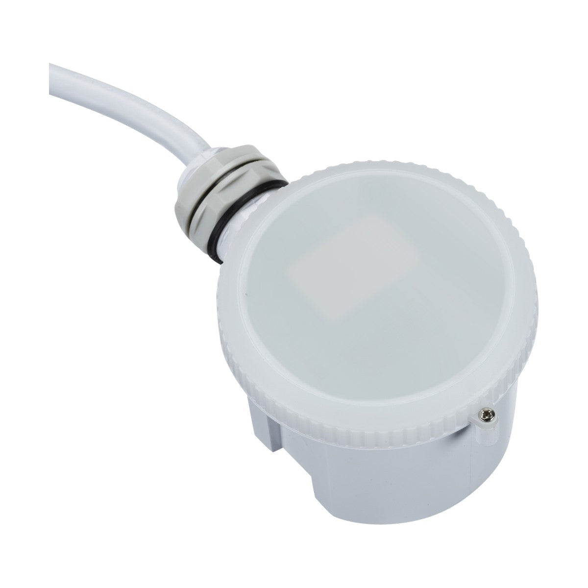 The 360° Microwave Dimming Sensor for the LWB Range is an IP65-rated white electronic device with a cylindrical body and flat, round top. It's connected to a white cable secured by a black and grey connector and includes a small screw on its side for adjustments. This sensor offers a 360° field of detection.