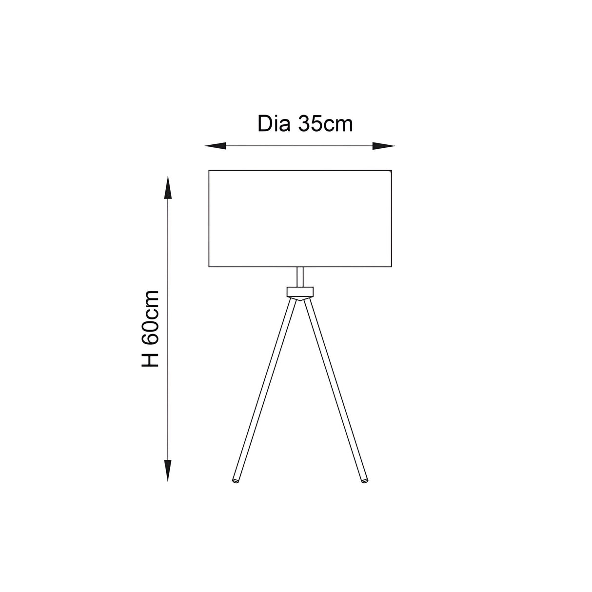 Dimension diagram of the Endon Cranwell tripod table lamp showing 60cm height and 35cm shade diameter on a white background.