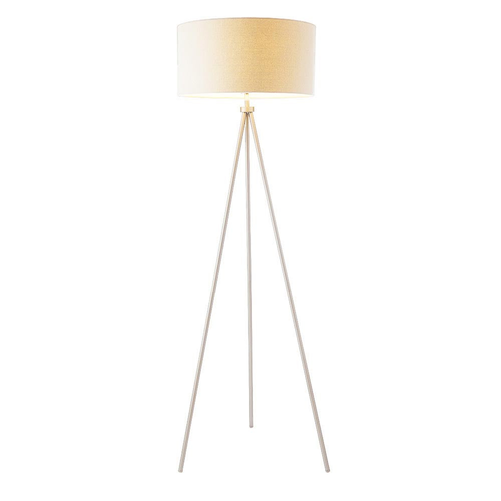 Endon Cranwell tripod floor lamp with three slim splayed nickel legs and a wide ivory linen-effect drum shade, on a plain white background.