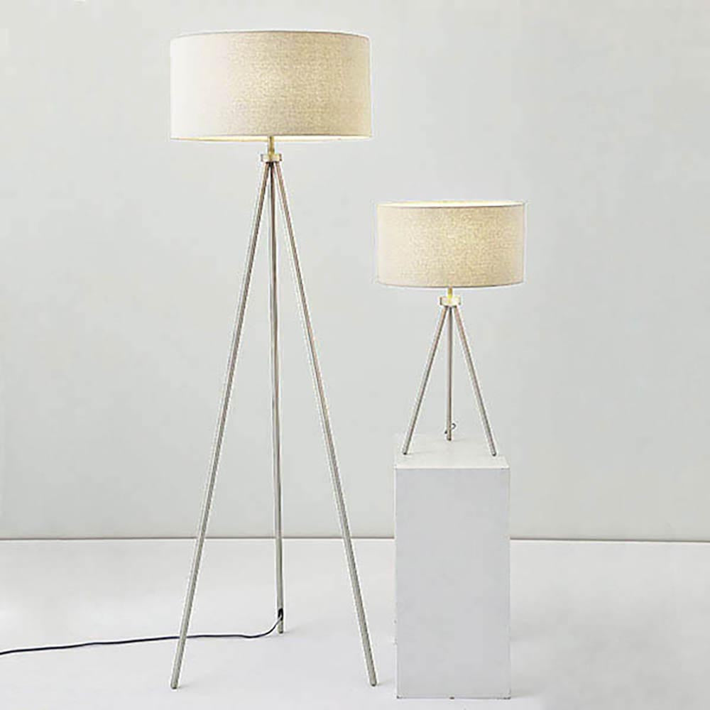 Endon Cranwell tripod floor lamp and matching table lamp in nickel with grey linen drum shades, shown against a plain light background.