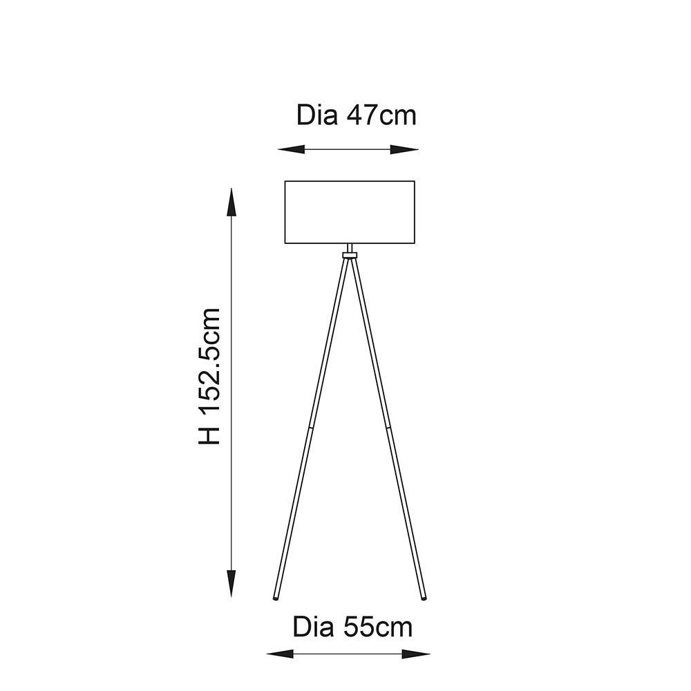 Dimension diagram of the Endon Cranwell tripod floor lamp showing 152.5cm height, 47cm shade diameter, and 55cm base diameter on white.