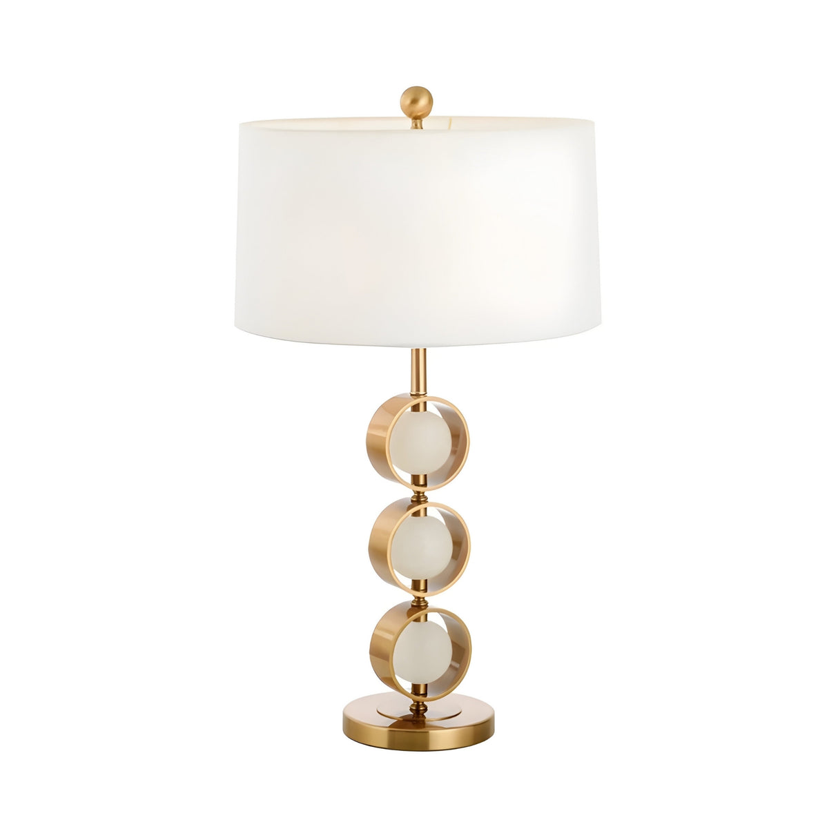 The Caldris 1 Light Stacked Orb Marble Table Lamp in Brass & White features three round rings with white marble spheres, a chic gold base, and a white lampshade—perfect for adding modern style to any space.