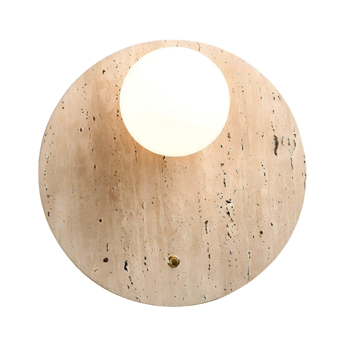 The Serano 1 Light Disc Travertine Wall Light in light beige features a textured stone base and a white frosted glass globe near the top center—an elegant natural stone lighting piece set against a white background.